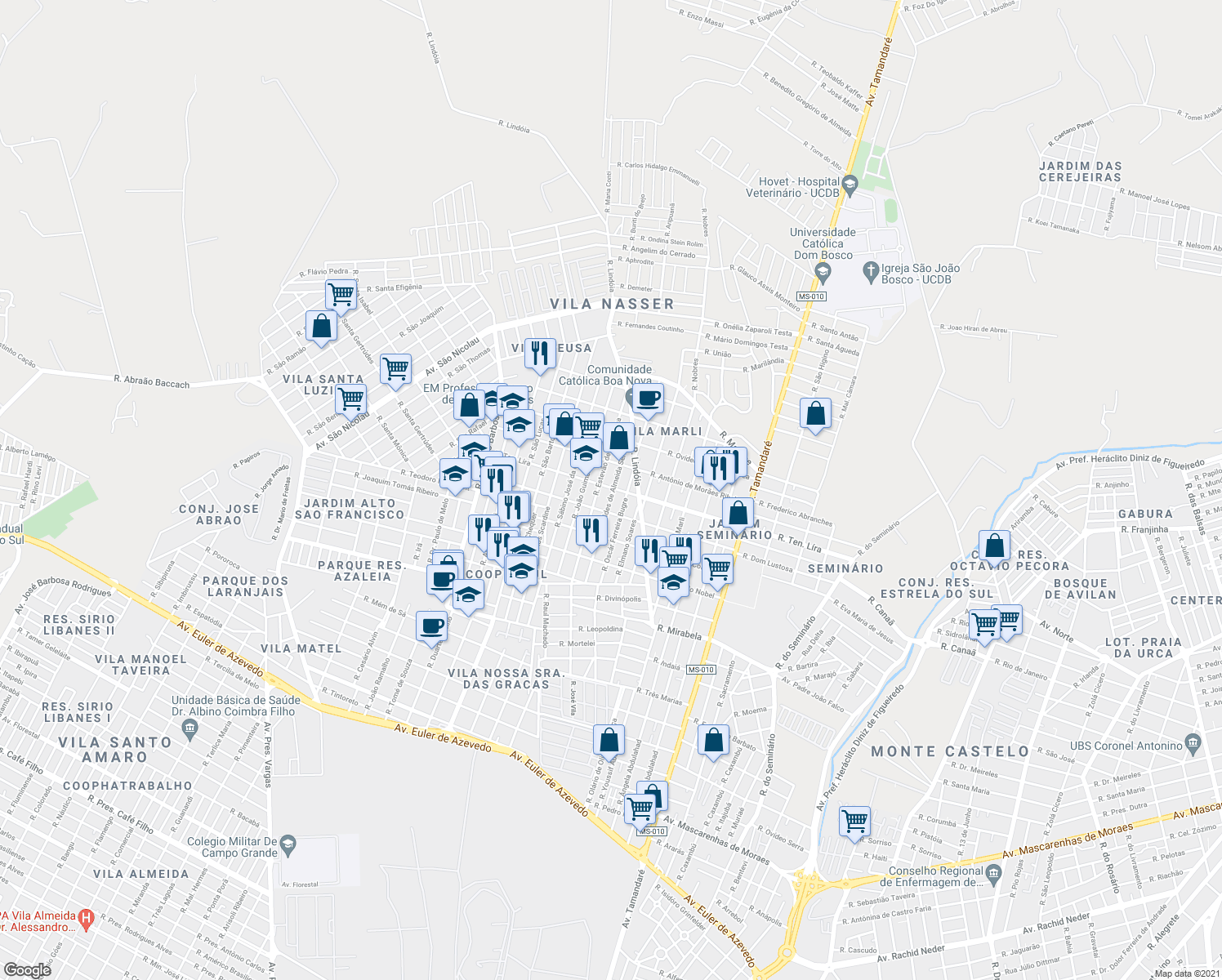 map of restaurants, bars, coffee shops, grocery stores, and more near 671 Rua Tenente Líra in Campo Grande