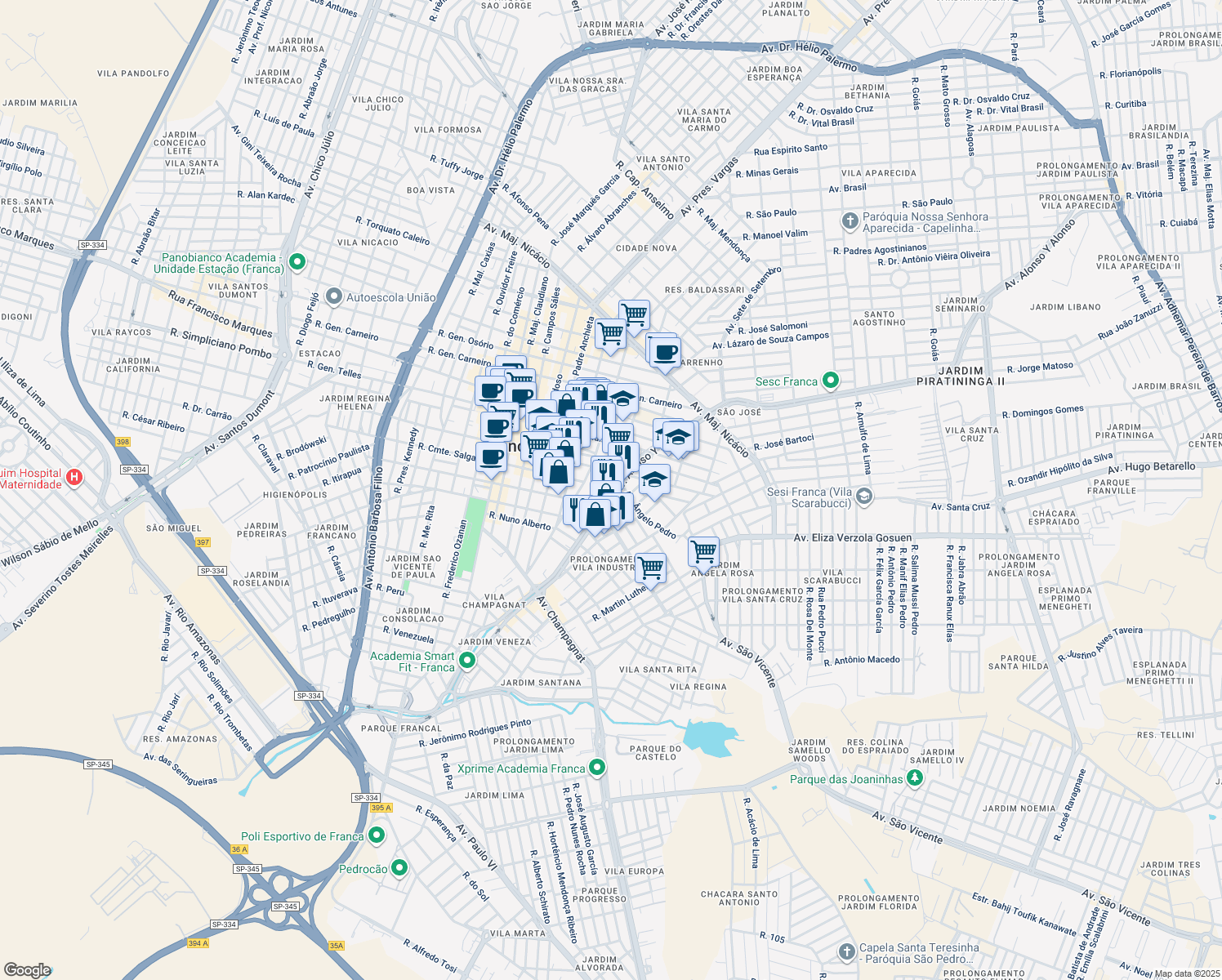 map of restaurants, bars, coffee shops, grocery stores, and more near 1830 Avenida Alonso Y Alonso in Franca