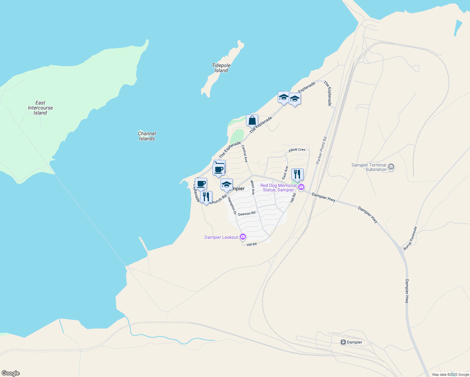 map of restaurants, bars, coffee shops, grocery stores, and more near in Dampier