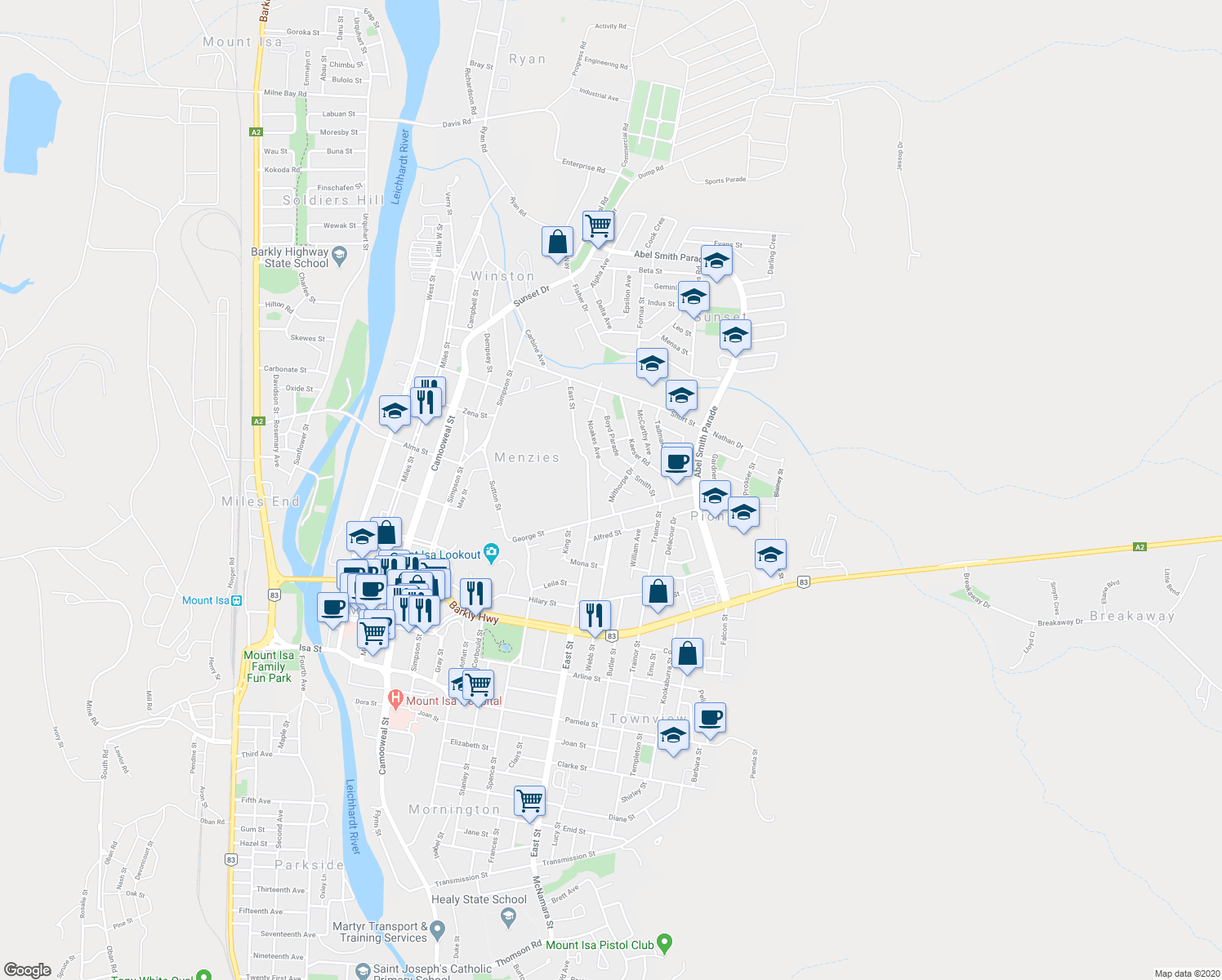 map of restaurants, bars, coffee shops, grocery stores, and more near 13 Milthorpe Drive in Pioneer