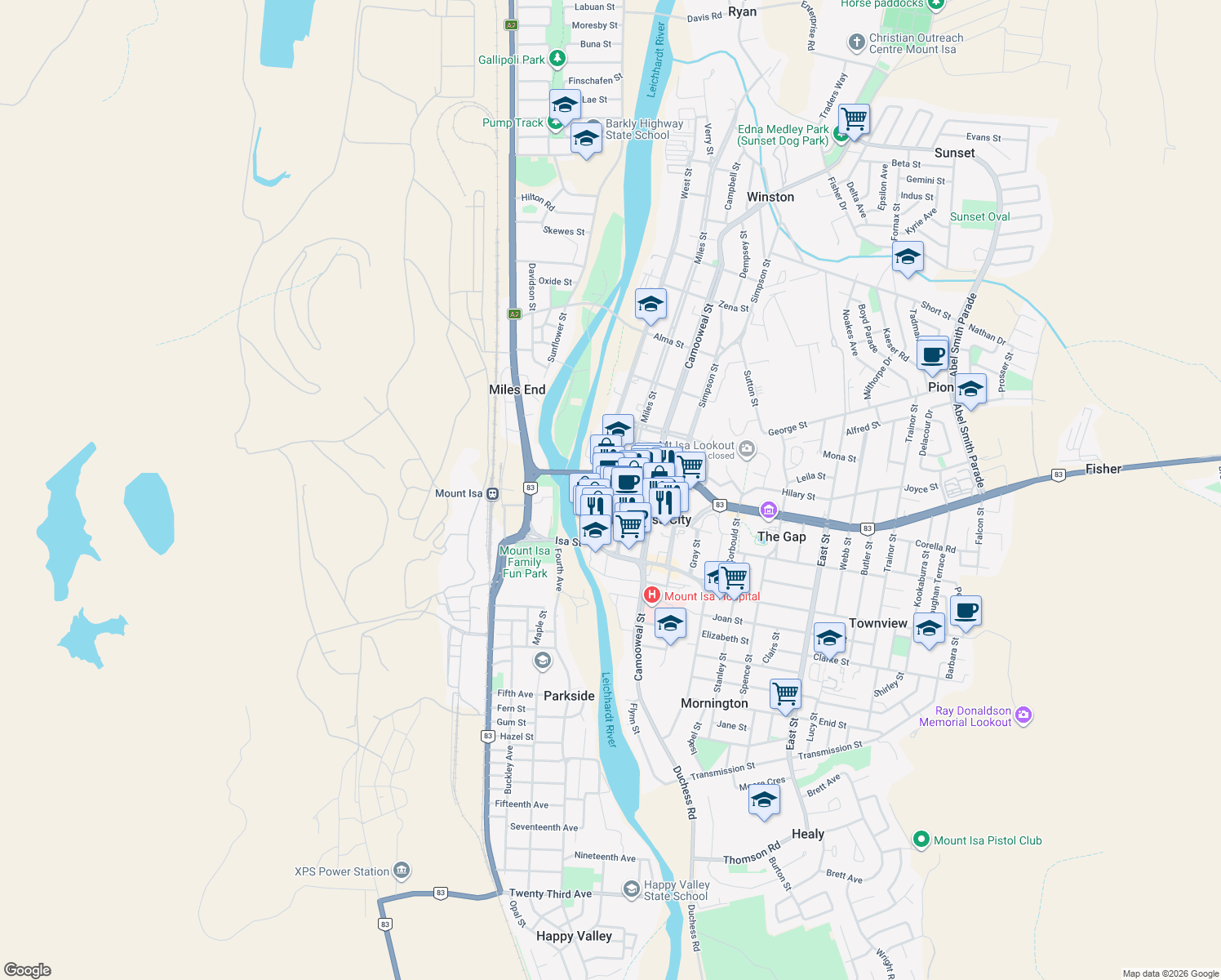 map of restaurants, bars, coffee shops, grocery stores, and more near 30 West Street in Mount Isa