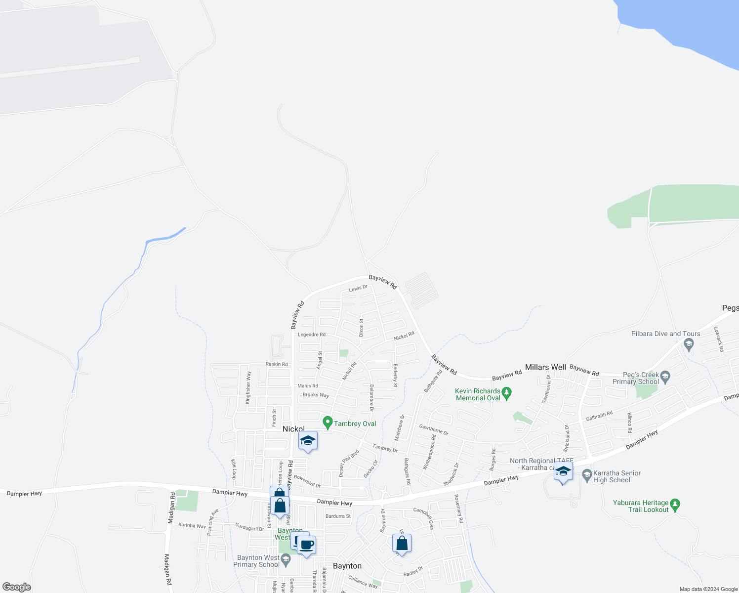 map of restaurants, bars, coffee shops, grocery stores, and more near 4 Skene Place in Nickol