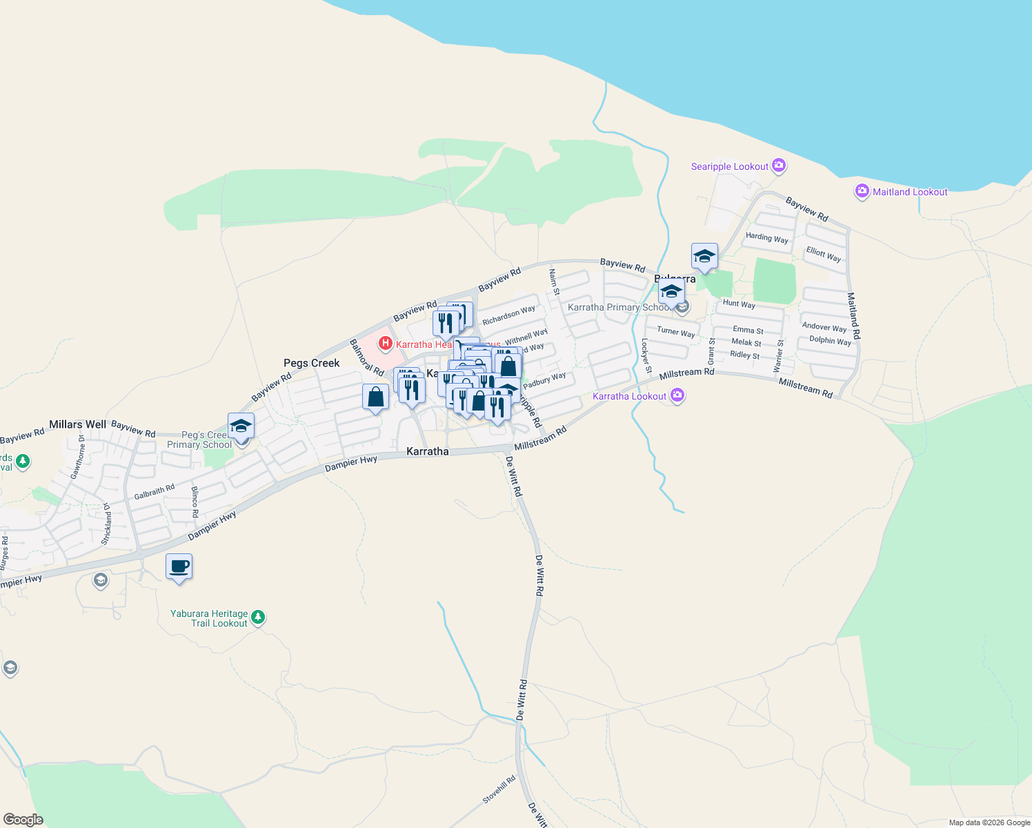 map of restaurants, bars, coffee shops, grocery stores, and more near 1 Welcome Road in Karratha