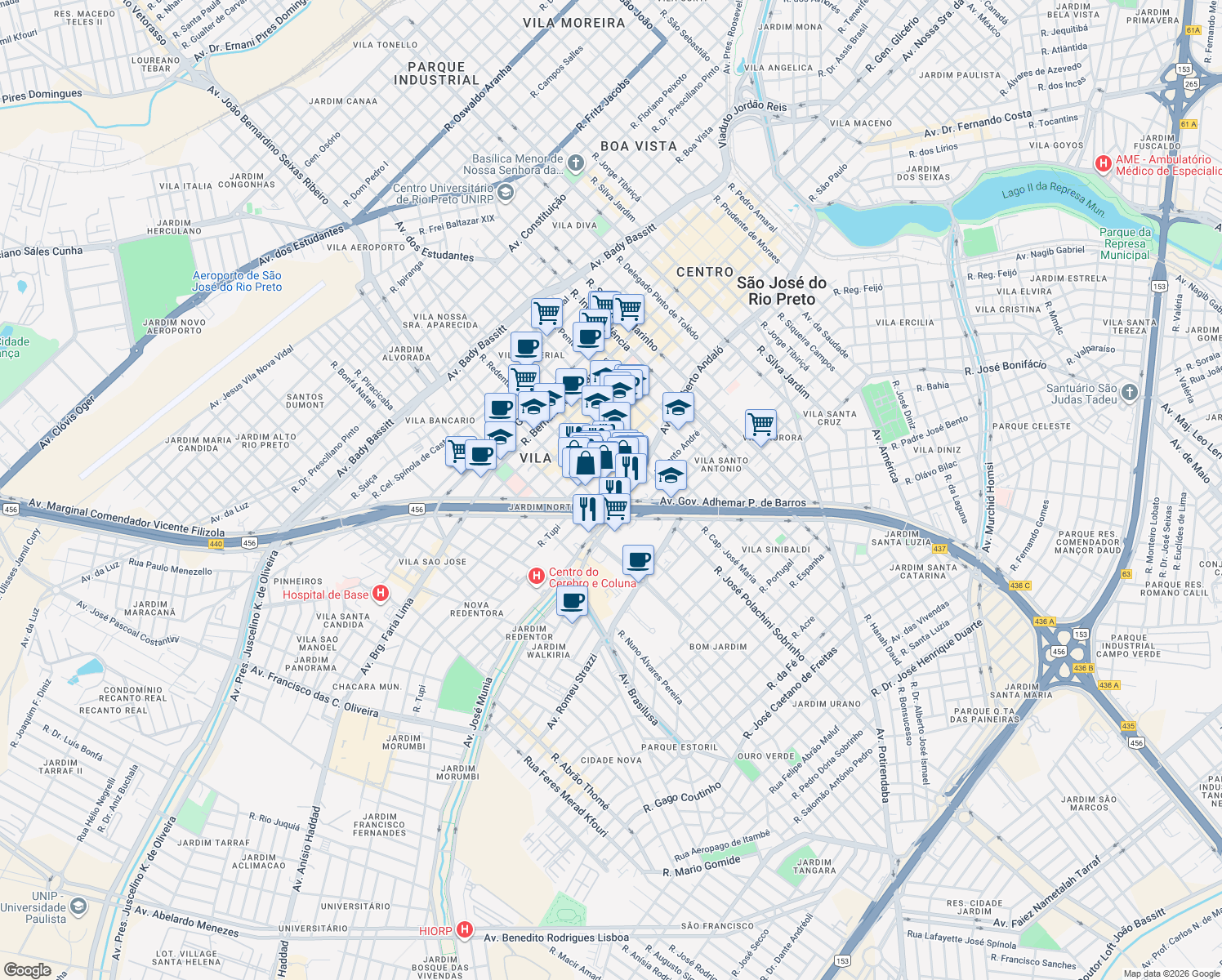 map of restaurants, bars, coffee shops, grocery stores, and more near 170 Travessa Guaranis in São José do Rio Preto