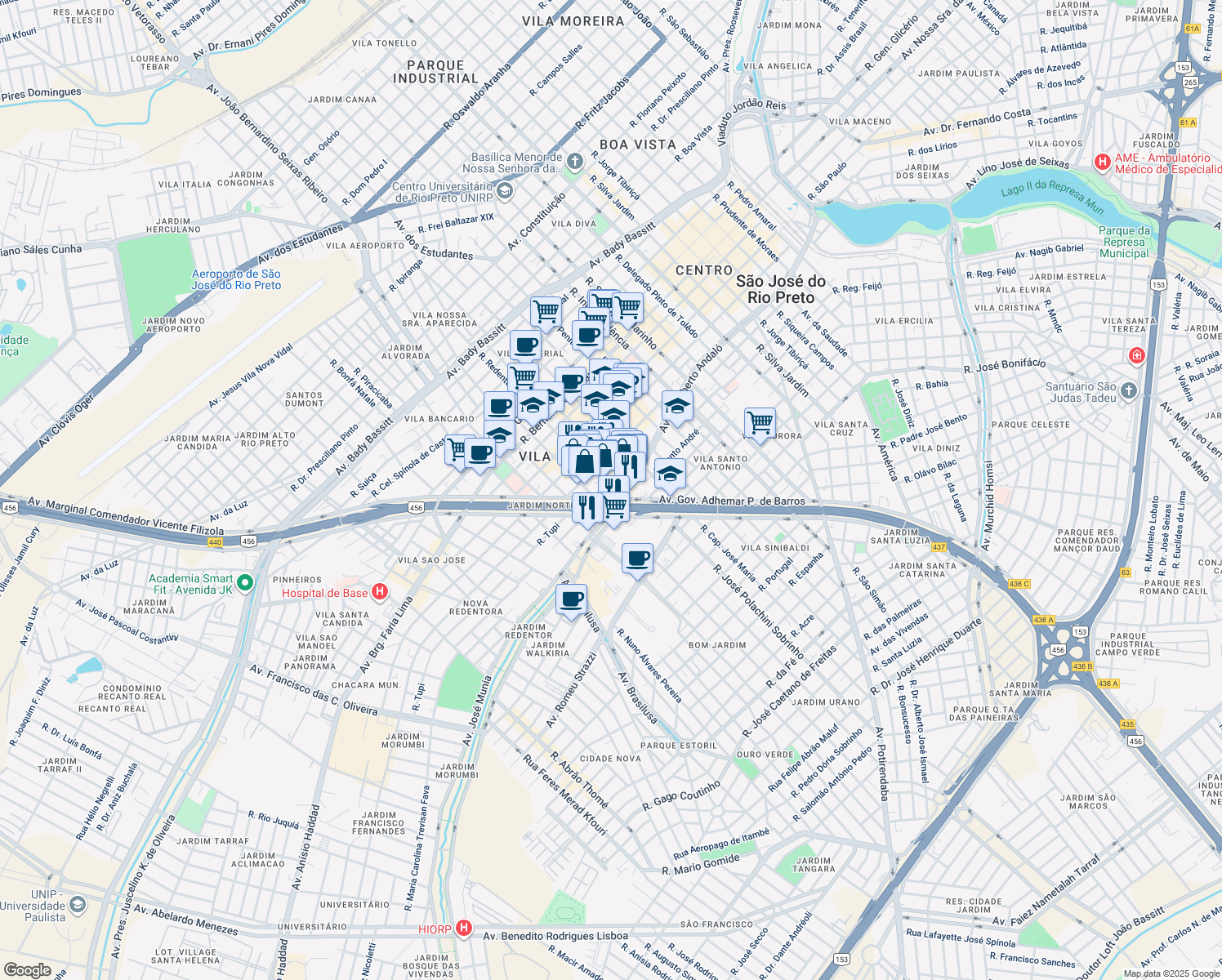 map of restaurants, bars, coffee shops, grocery stores, and more near 170 Travessa Guaranis in São José do Rio Preto