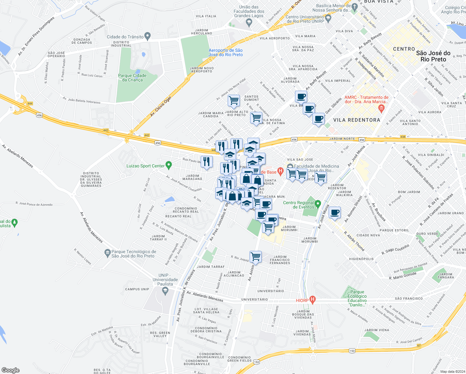 map of restaurants, bars, coffee shops, grocery stores, and more near 505 Avenida Presidente Juscelino K. de Oliveira in São José do Rio Preto