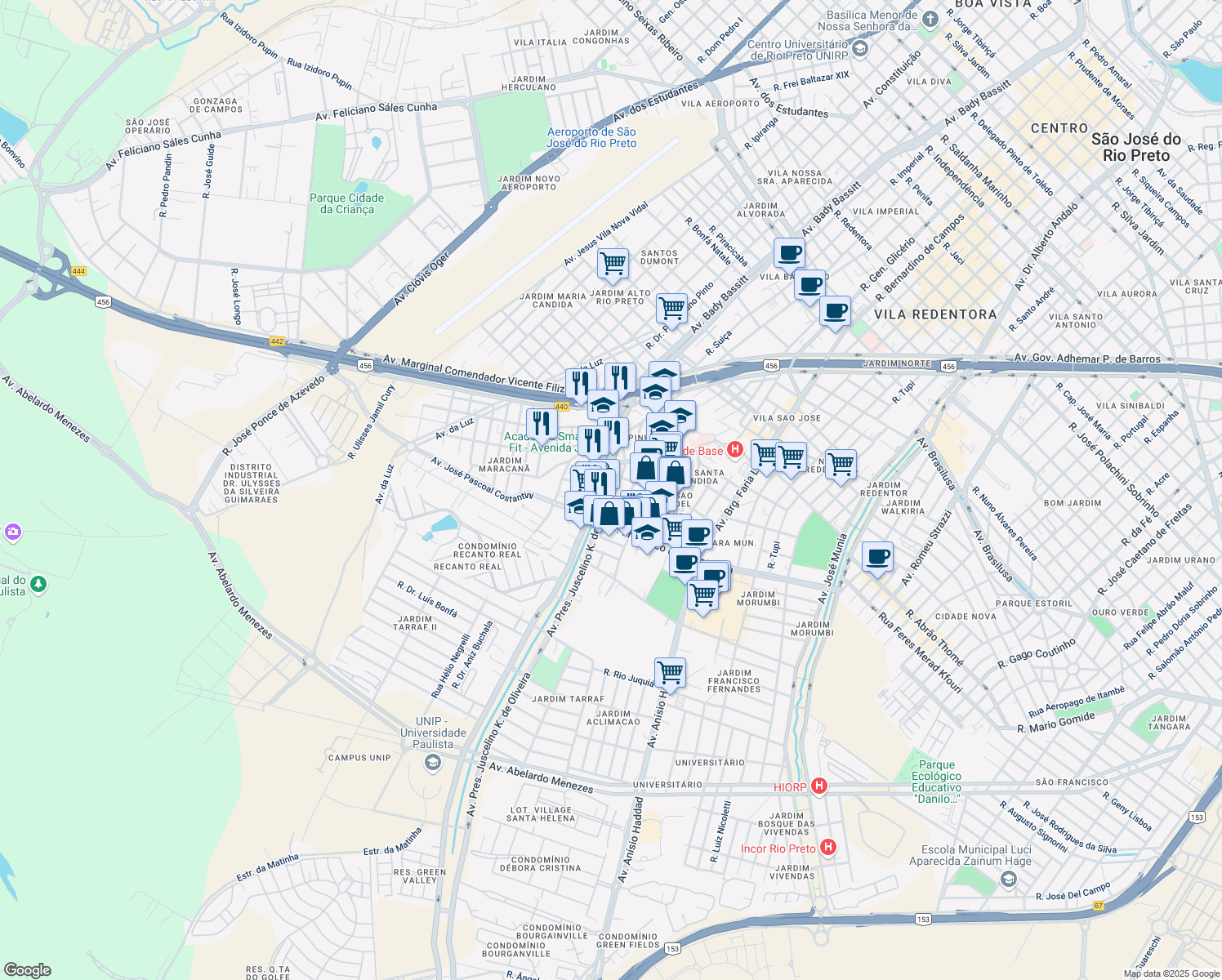 map of restaurants, bars, coffee shops, grocery stores, and more near 505 Avenida Presidente Juscelino K. de Oliveira in São José do Rio Preto