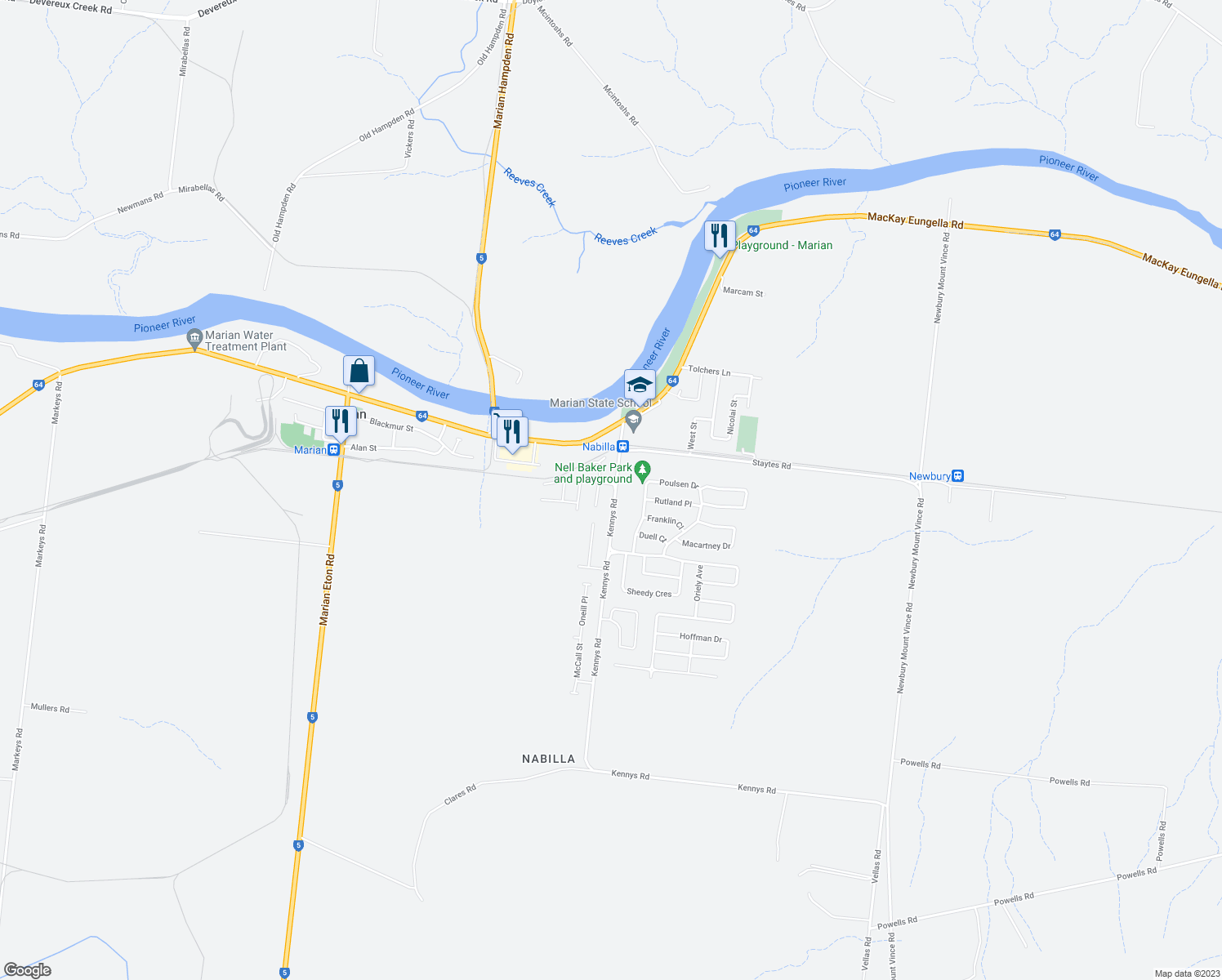 map of restaurants, bars, coffee shops, grocery stores, and more near 36 Kennys Road in Marian