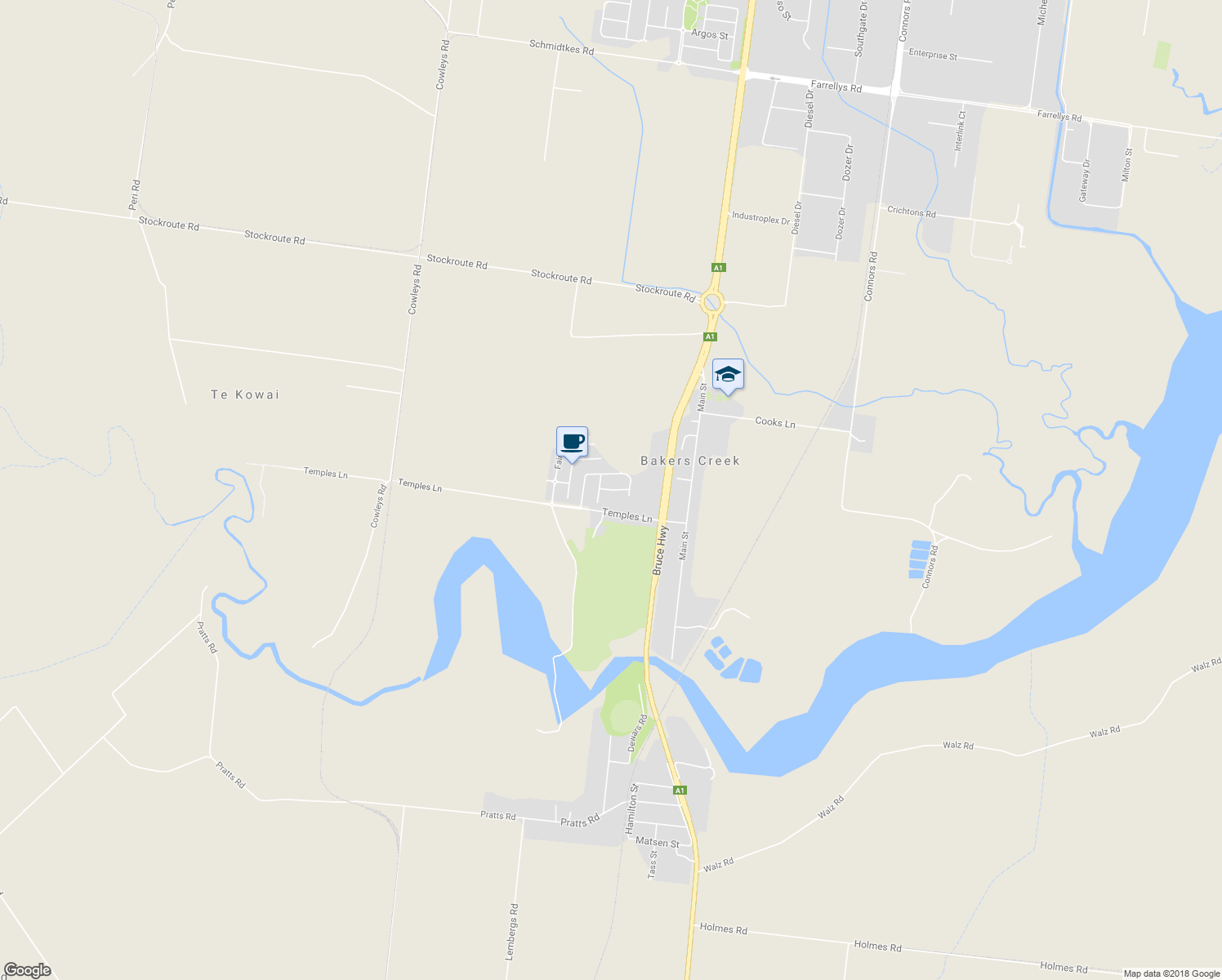 map of restaurants, bars, coffee shops, grocery stores, and more near Drury Street in Bakers Creek