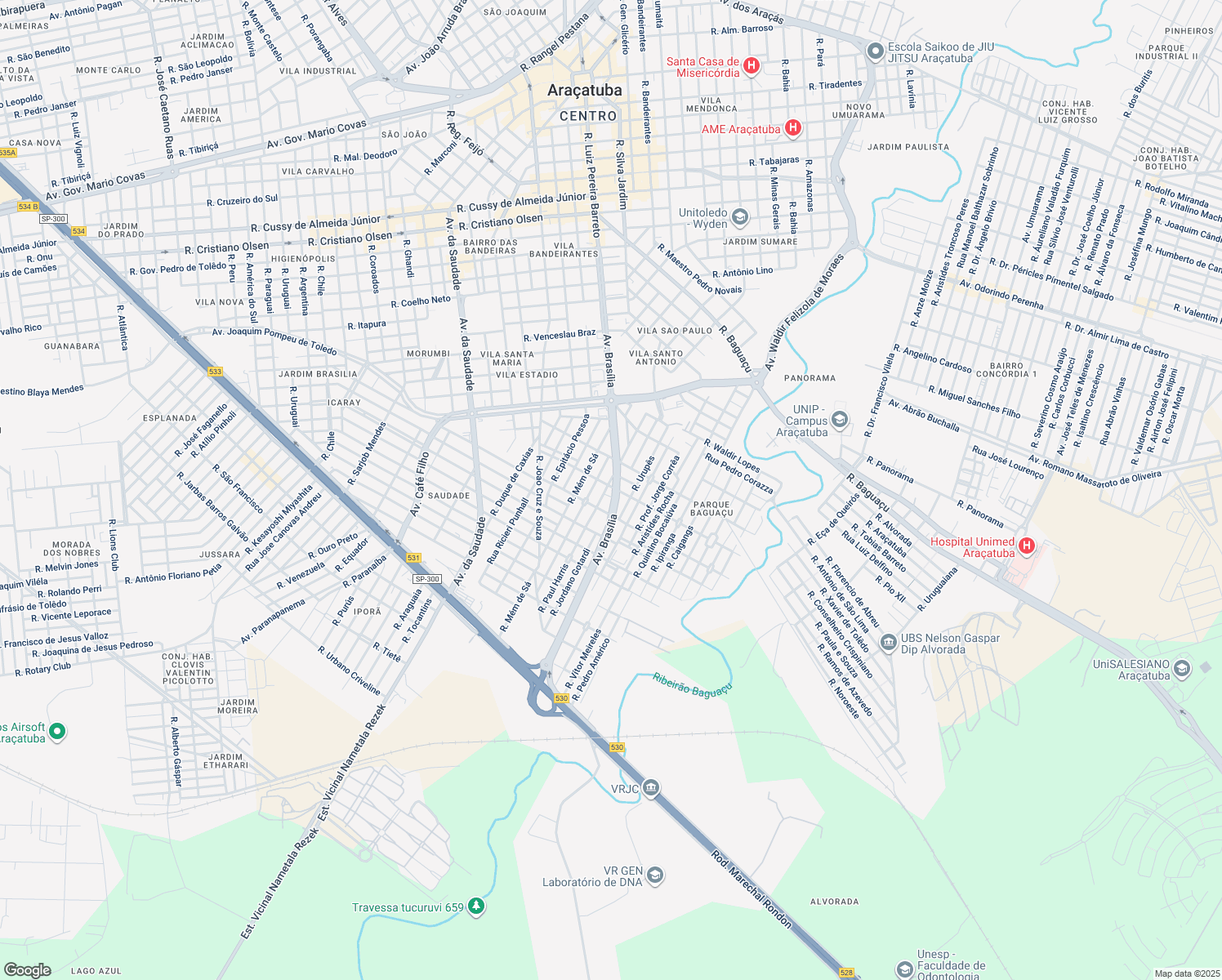 map of restaurants, bars, coffee shops, grocery stores, and more near 1960 Avenida Brasília in Araçatuba