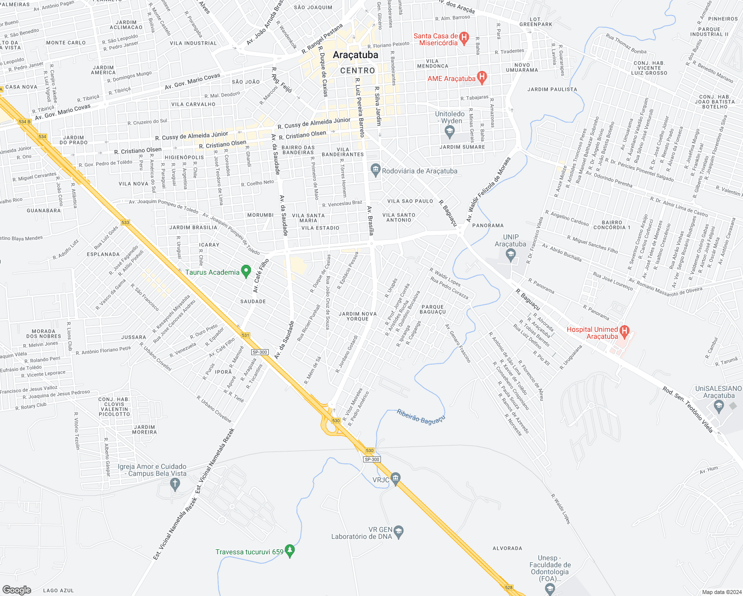 map of restaurants, bars, coffee shops, grocery stores, and more near 1960 Avenida Brasília in Araçatuba