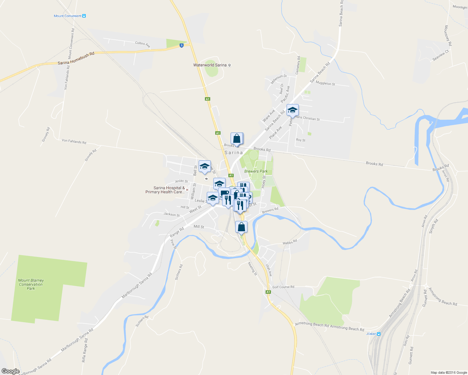map of restaurants, bars, coffee shops, grocery stores, and more near 56-58 Broad Street in Sarina