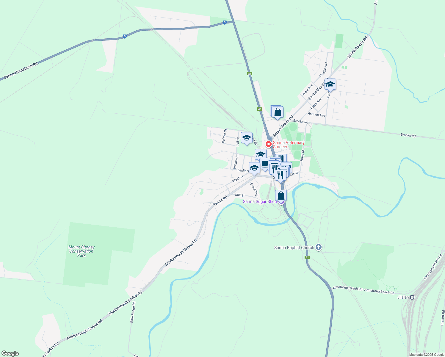 map of restaurants, bars, coffee shops, grocery stores, and more near 23 Hill Street in Sarina