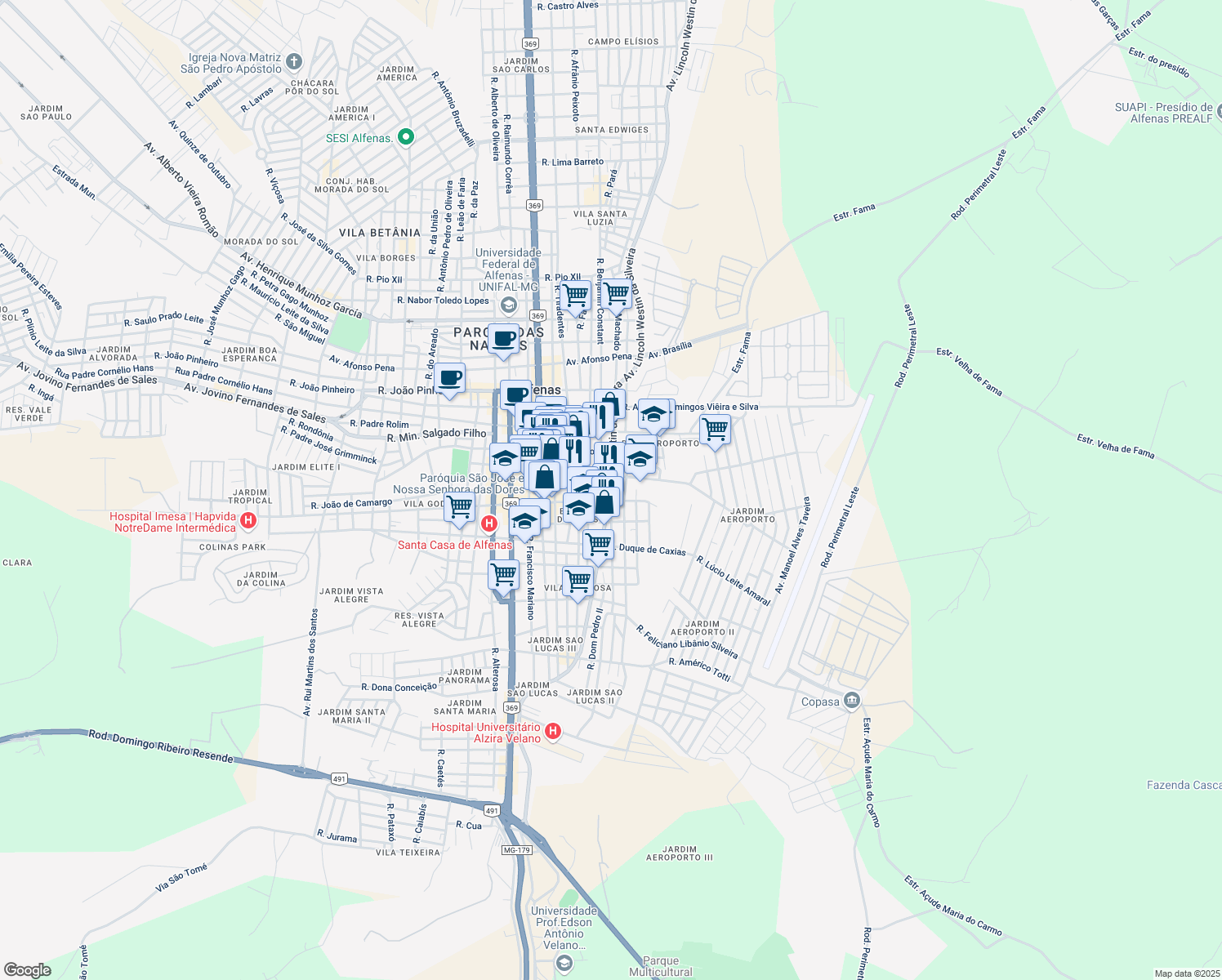 map of restaurants, bars, coffee shops, grocery stores, and more near 1960 Avenida Lincoln Westin da Silveira in Alfenas