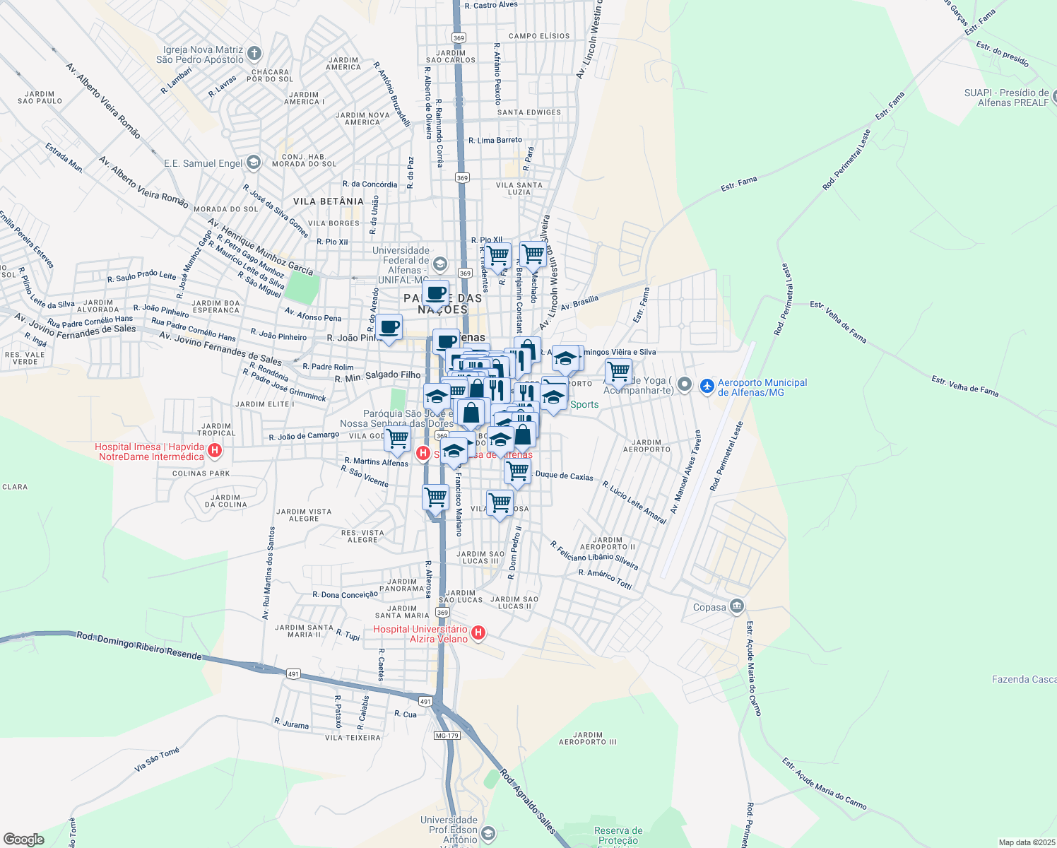map of restaurants, bars, coffee shops, grocery stores, and more near 1960 Avenida Lincoln Westin da Silveira in Alfenas