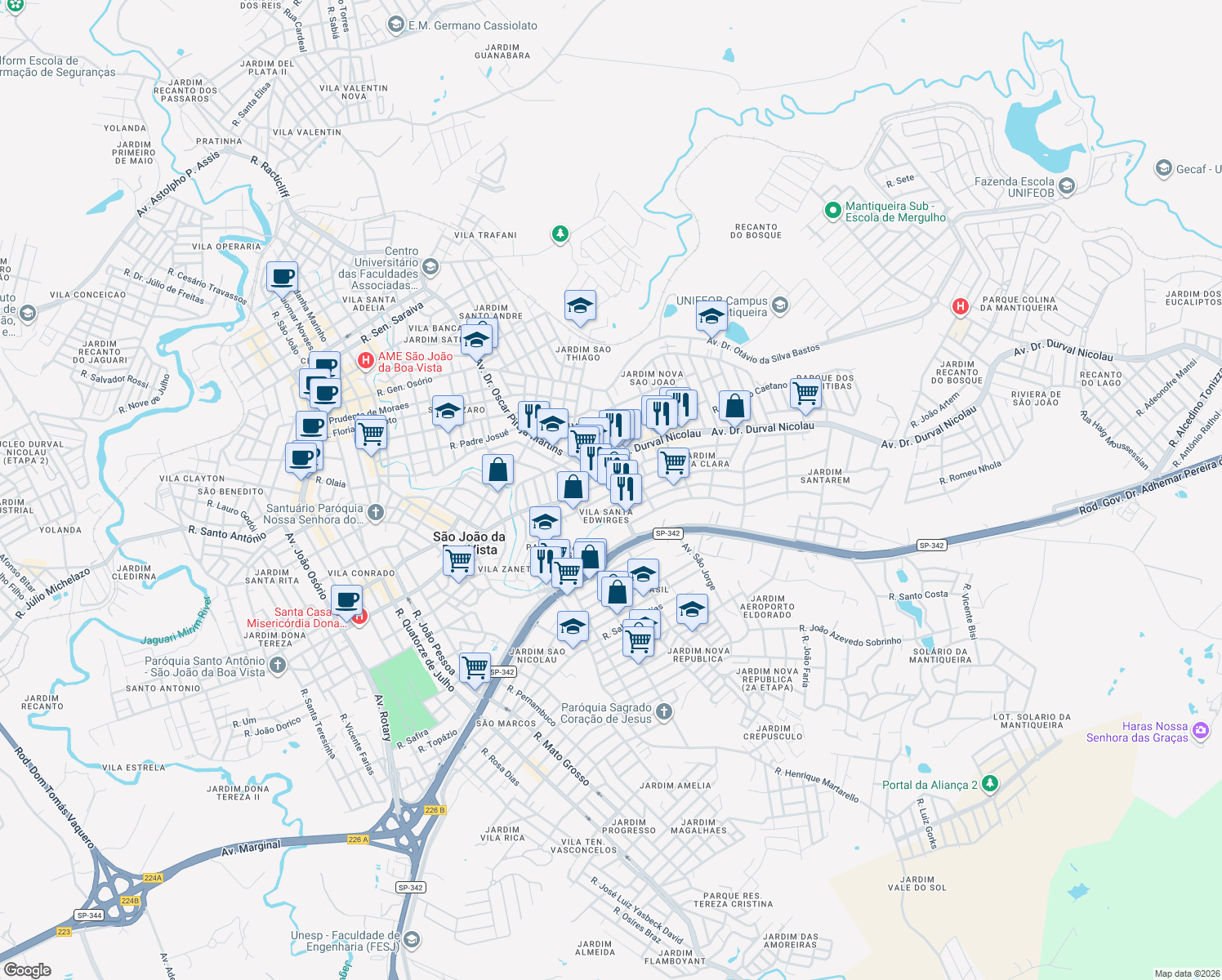 map of restaurants, bars, coffee shops, grocery stores, and more near 1389 Avenida Doutor Oscar Pirajá Martins in São João da Boa Vista