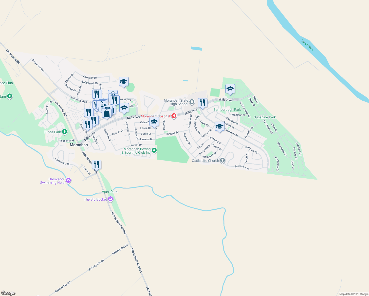map of restaurants, bars, coffee shops, grocery stores, and more near 24 McCool Street in Moranbah