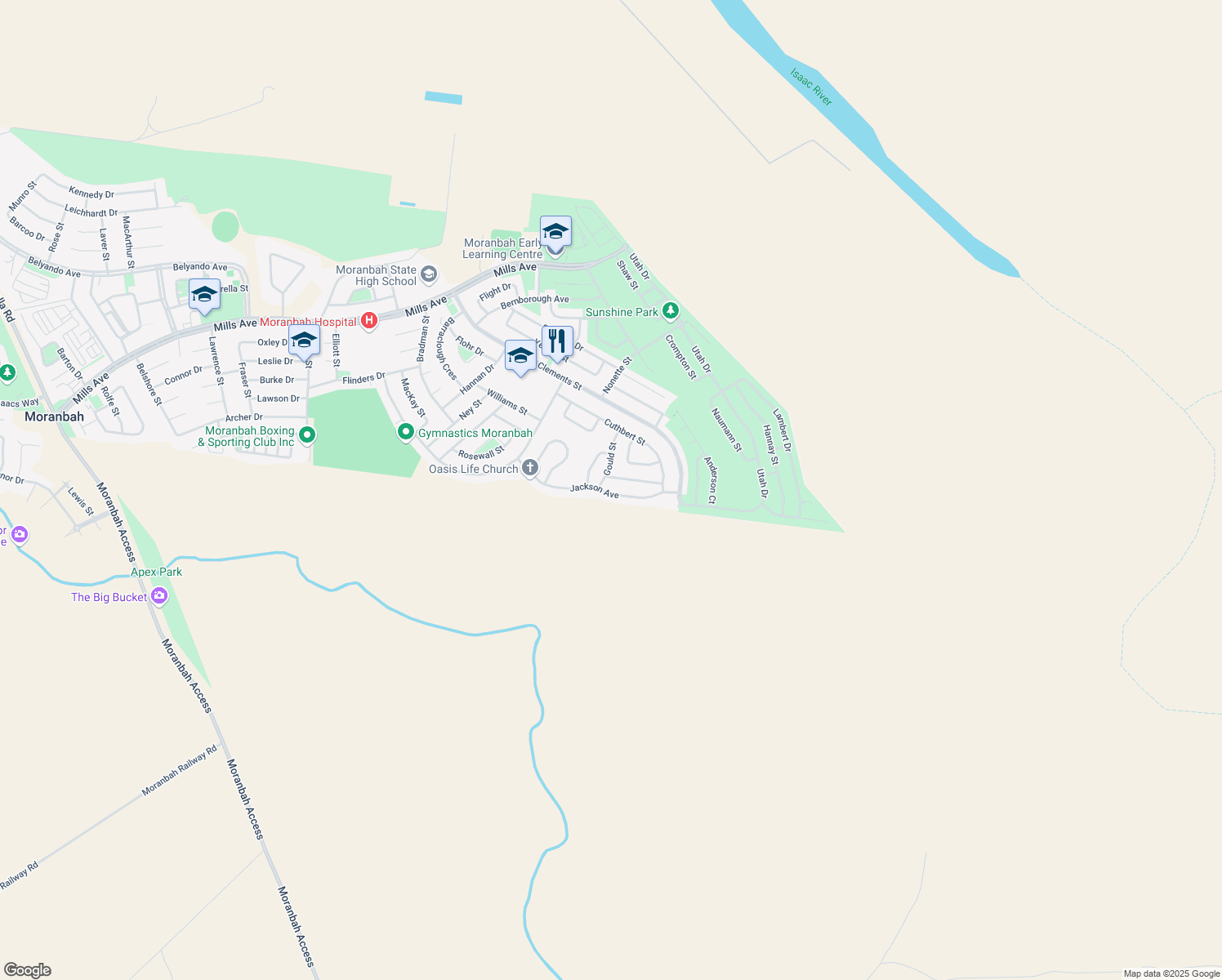 map of restaurants, bars, coffee shops, grocery stores, and more near 23 Jackson Avenue in Moranbah