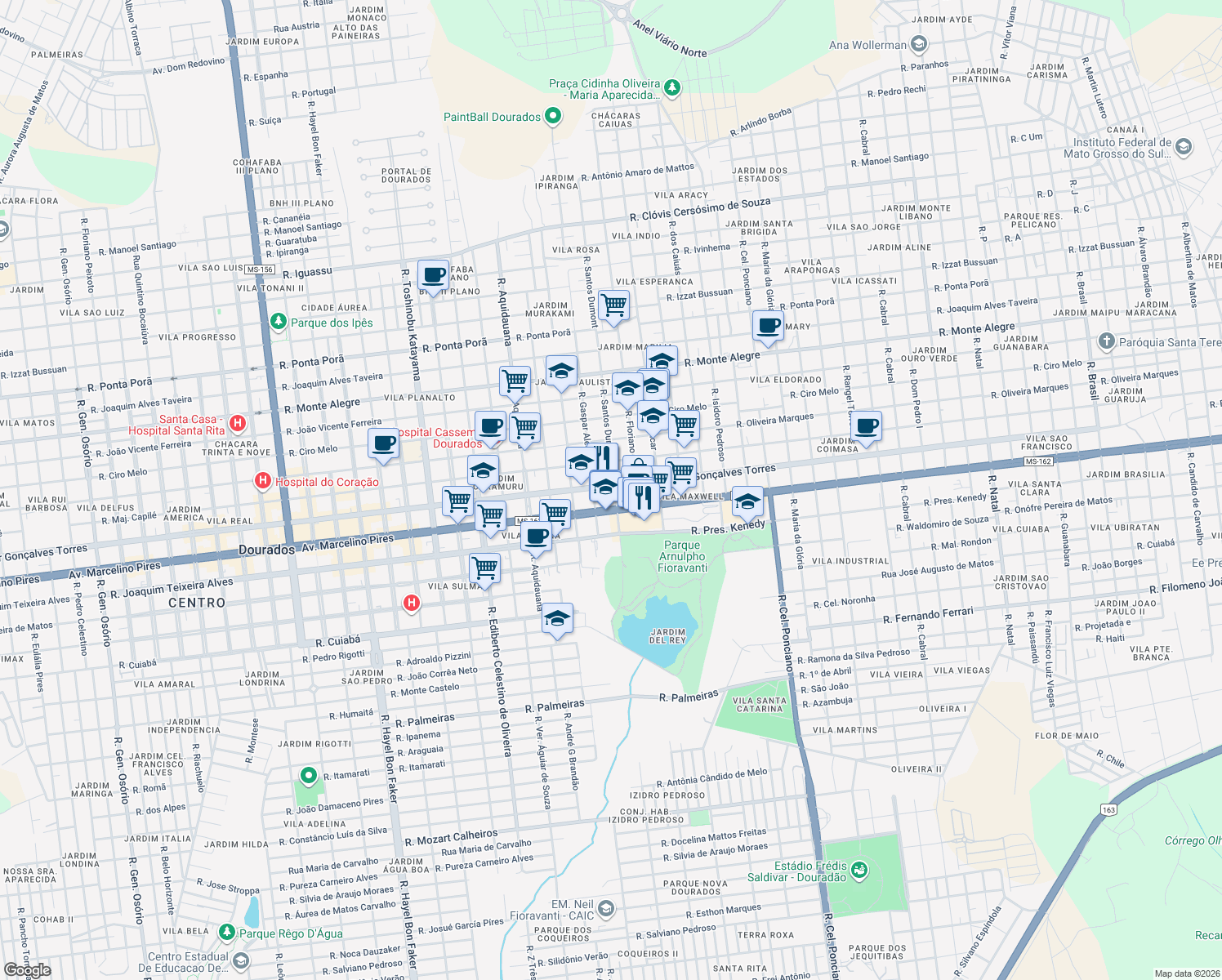 map of restaurants, bars, coffee shops, grocery stores, and more near 3580 Avenida Weimar Gonçalves Torres in Dourados