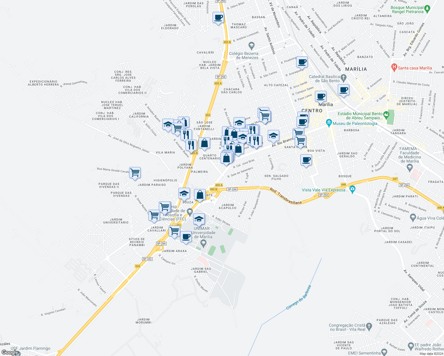 map of restaurants, bars, coffee shops, grocery stores, and more near 571 Avenida da Saudade in Marília