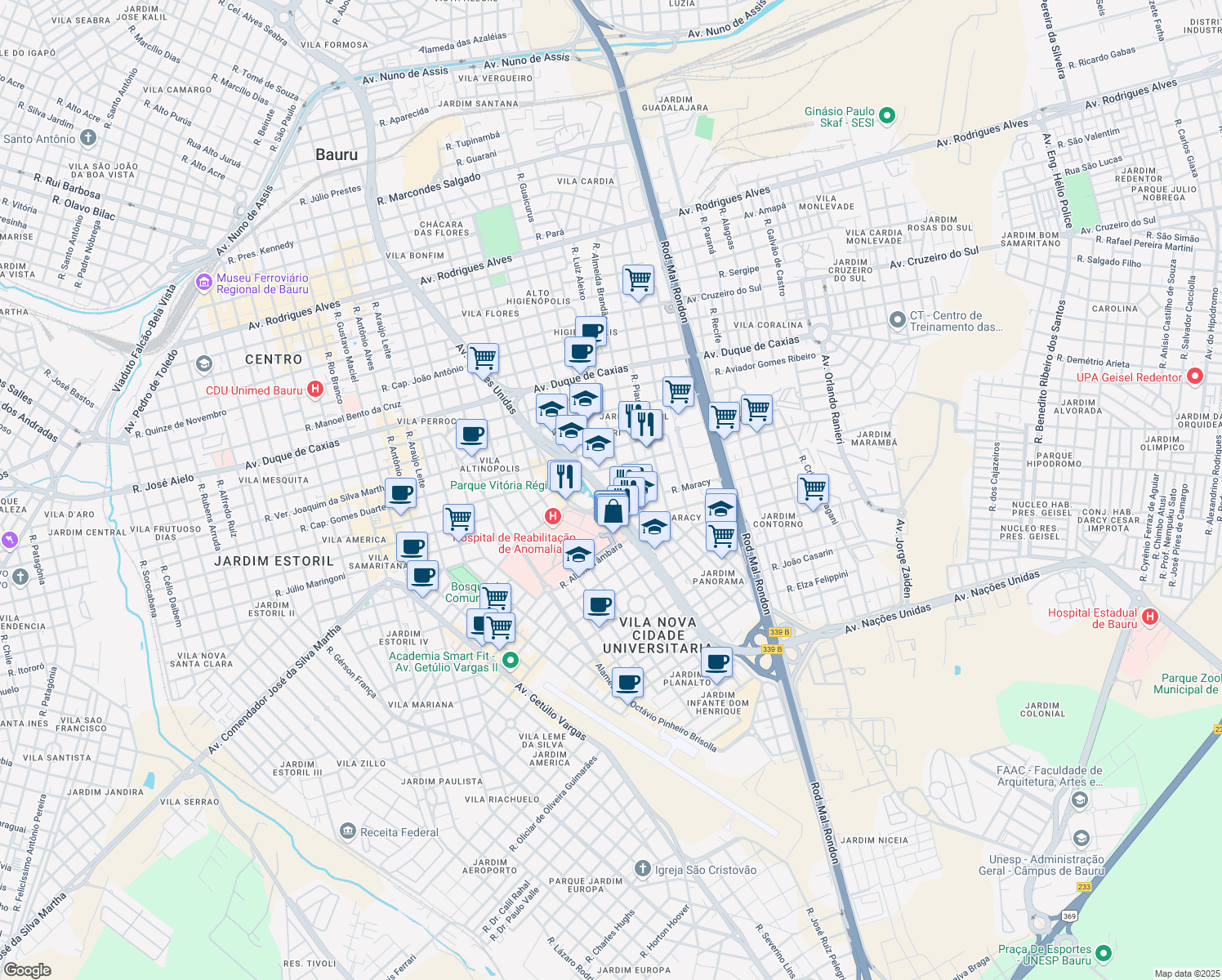 map of restaurants, bars, coffee shops, grocery stores, and more near 23-87 Avenida Nações Unidas in Bauru