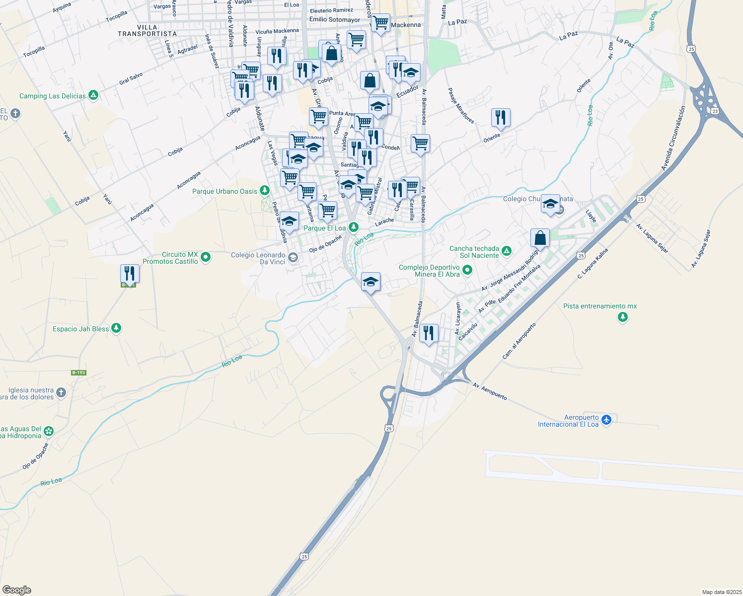 map of restaurants, bars, coffee shops, grocery stores, and more near Avenida Libertador Bernardo O'Higgins in Calama