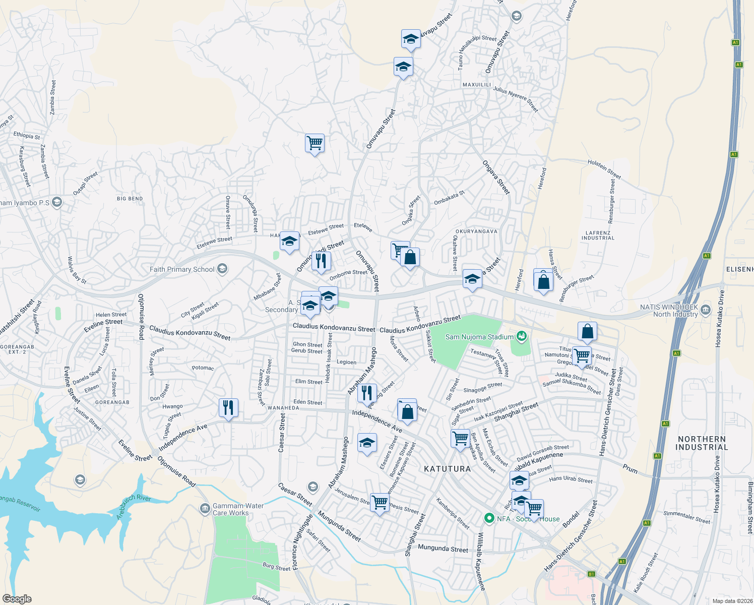 map of restaurants, bars, coffee shops, grocery stores, and more near Omuvapu Street in Windhoek