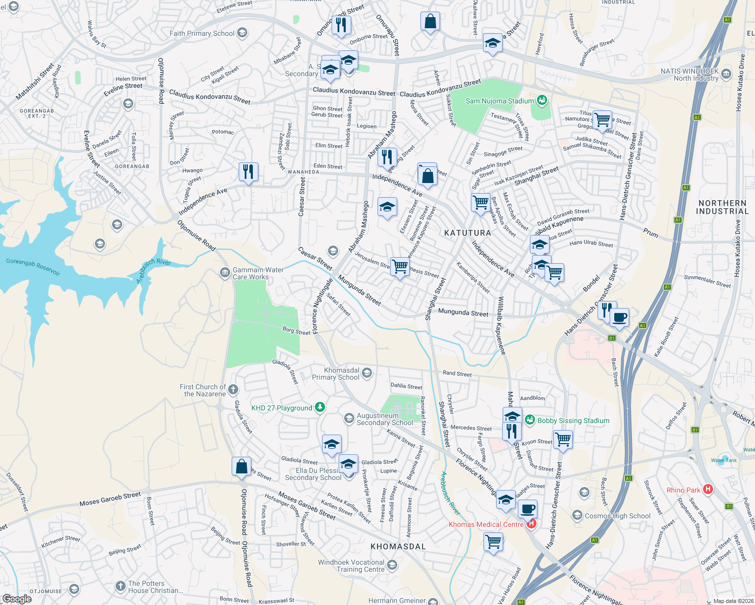 map of restaurants, bars, coffee shops, grocery stores, and more near Mungunda Street in Windhoek
