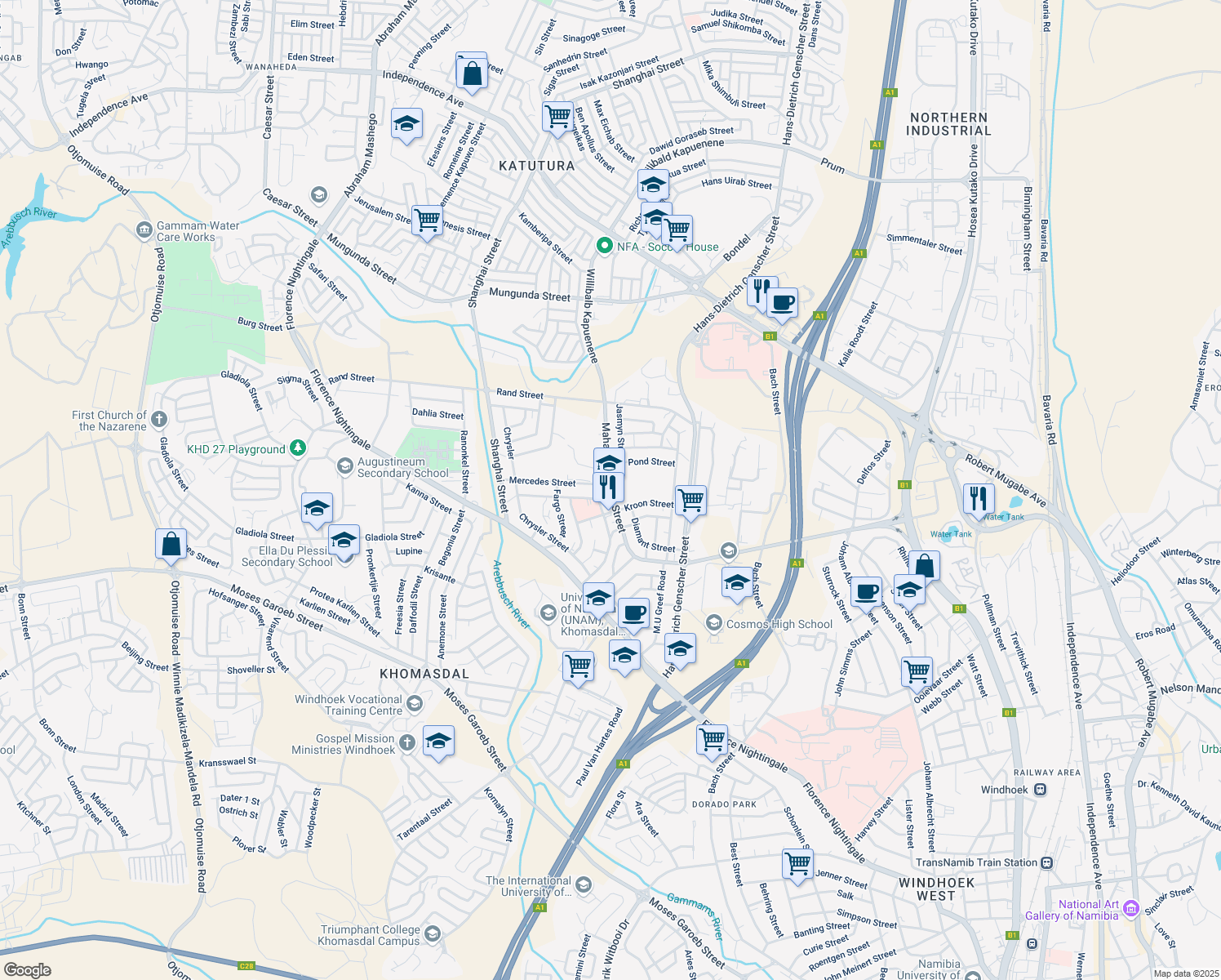 map of restaurants, bars, coffee shops, grocery stores, and more near Mahatma Gandhi Street in Windhoek