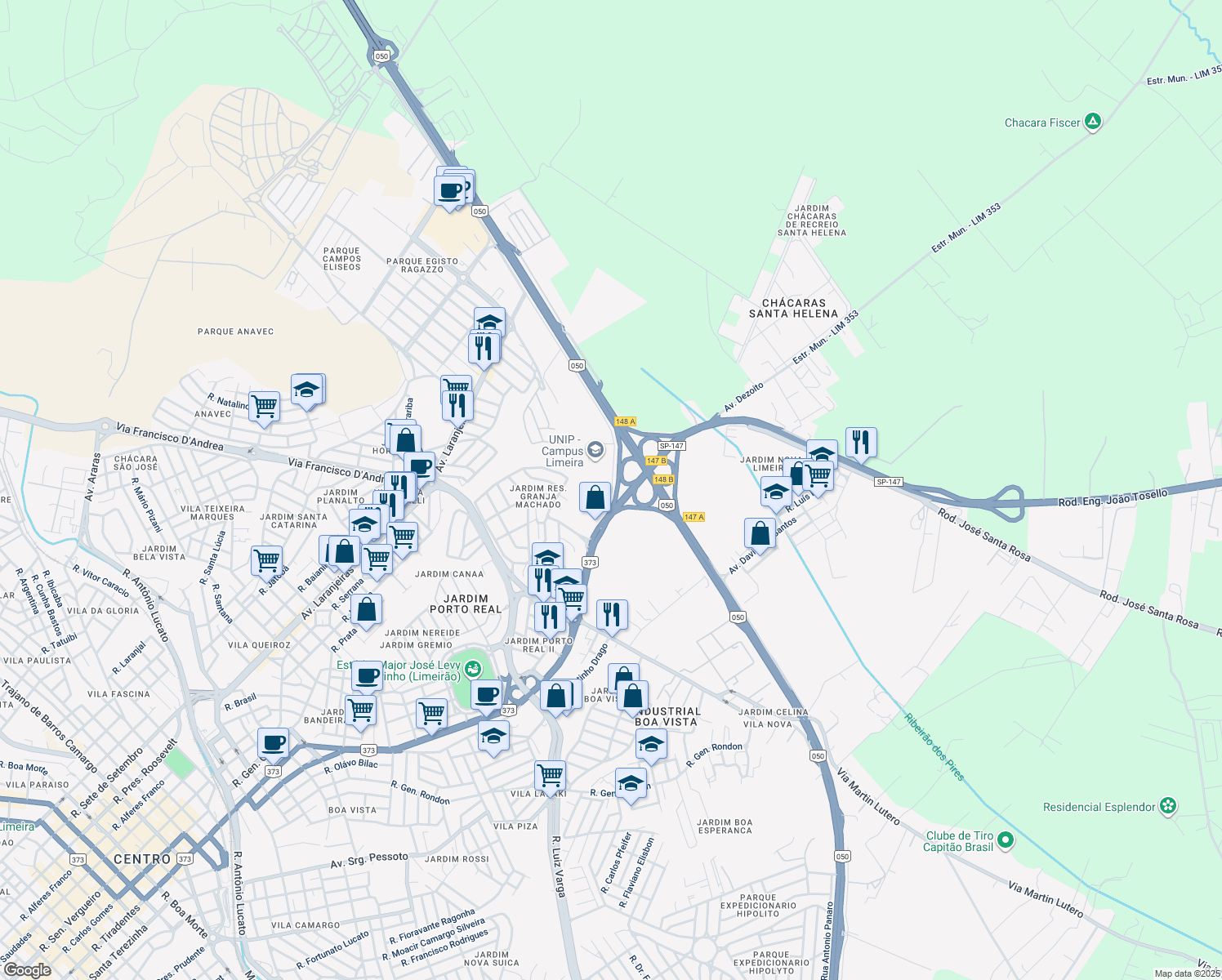 map of restaurants, bars, coffee shops, grocery stores, and more near 245 Rua Miguel Guidote in Limeira