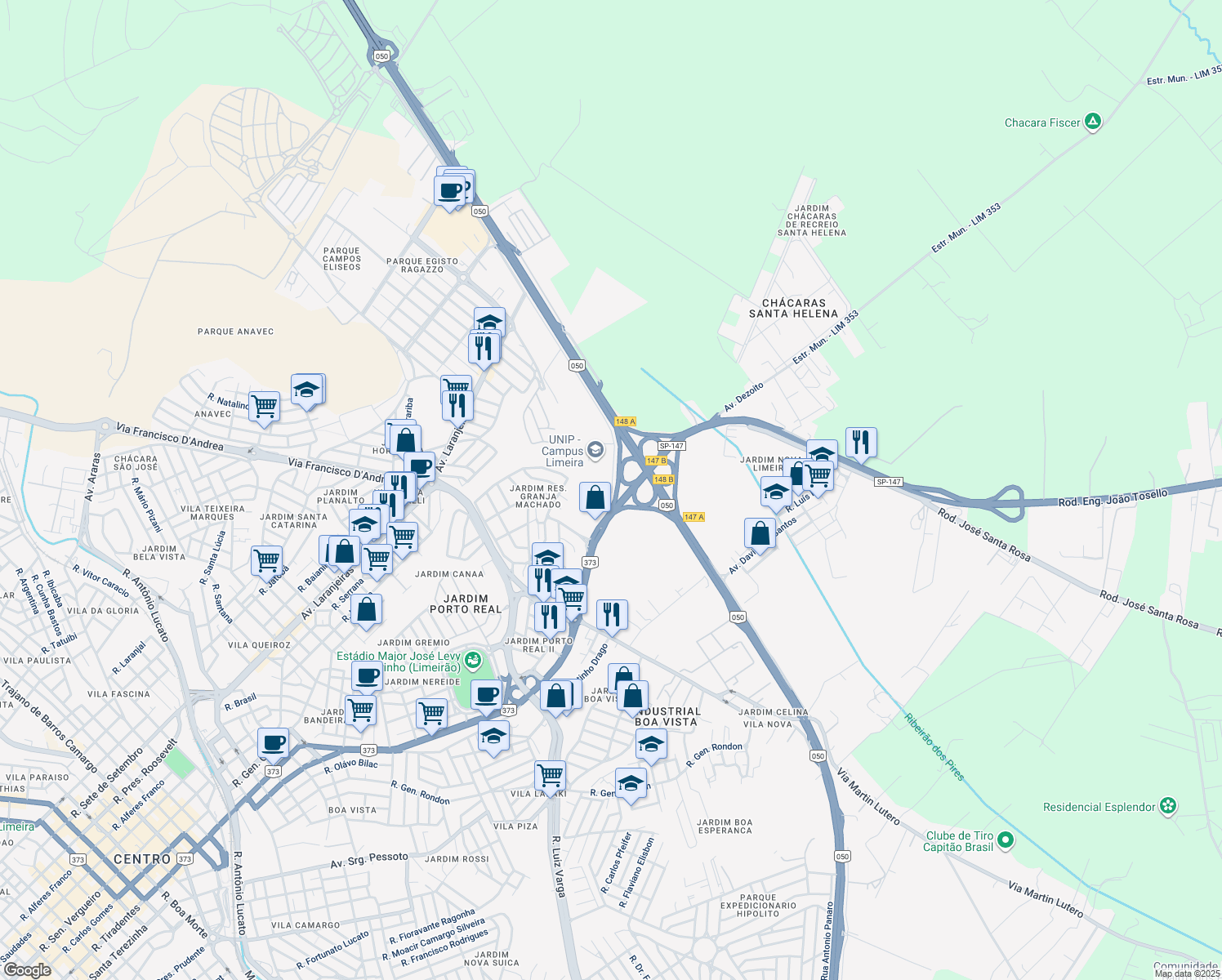 map of restaurants, bars, coffee shops, grocery stores, and more near 245 Rua Miguel Guidote in Limeira
