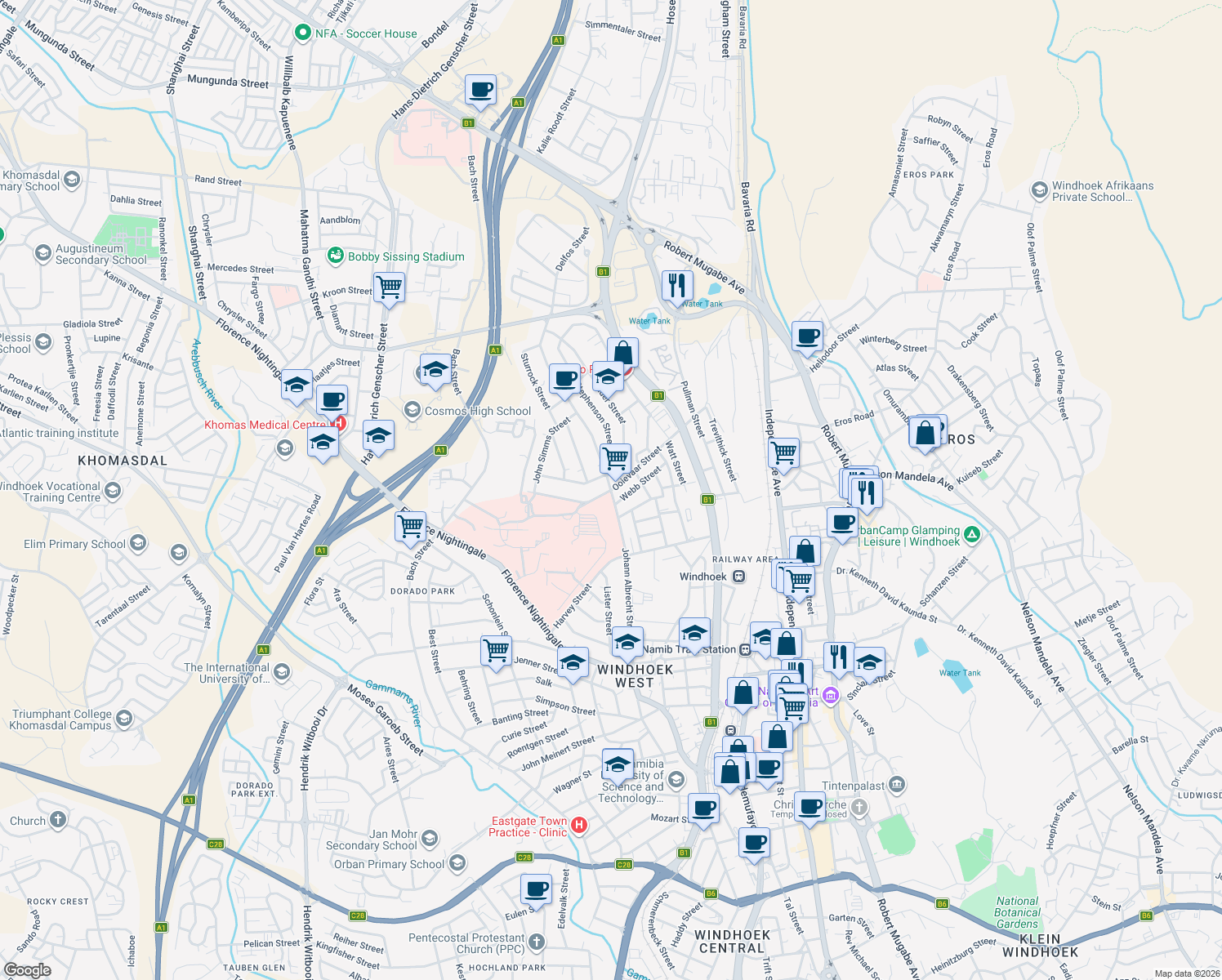 map of restaurants, bars, coffee shops, grocery stores, and more near Johann Albrecht Street in Windhoek