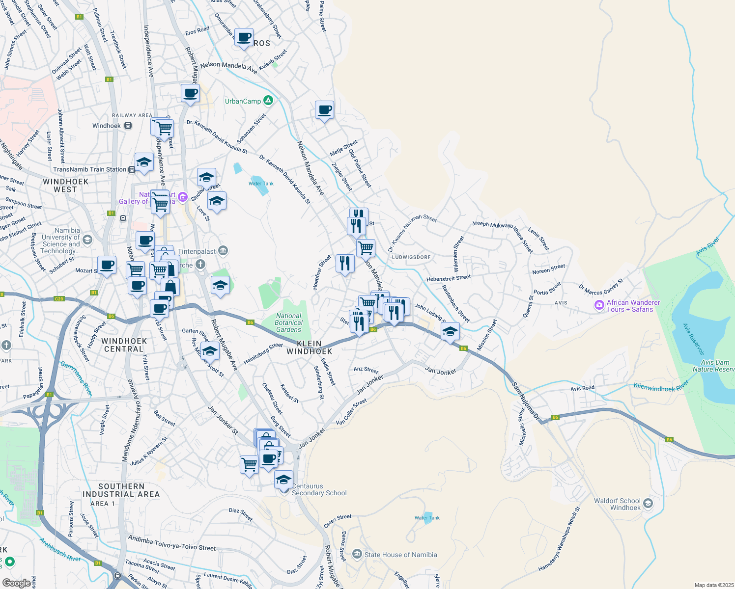 map of restaurants, bars, coffee shops, grocery stores, and more near 3 Koch Street in Windhoek