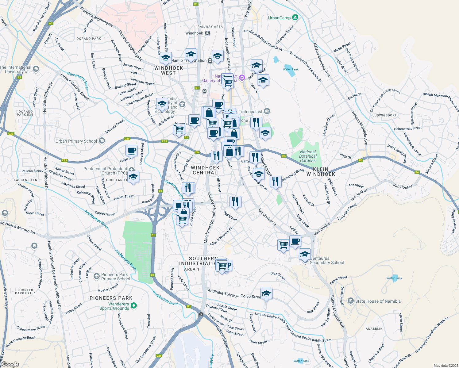map of restaurants, bars, coffee shops, grocery stores, and more near Merensky Street in Windhoek