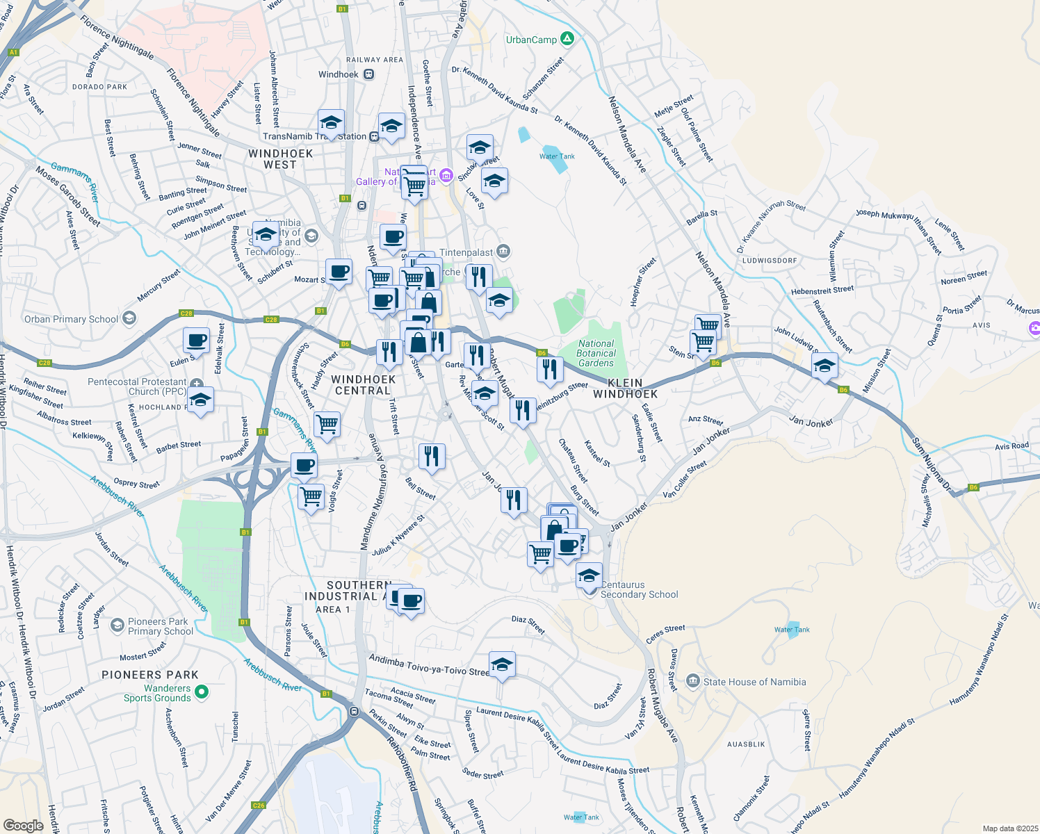 map of restaurants, bars, coffee shops, grocery stores, and more near Robert Mugabe Avenue in Windhoek