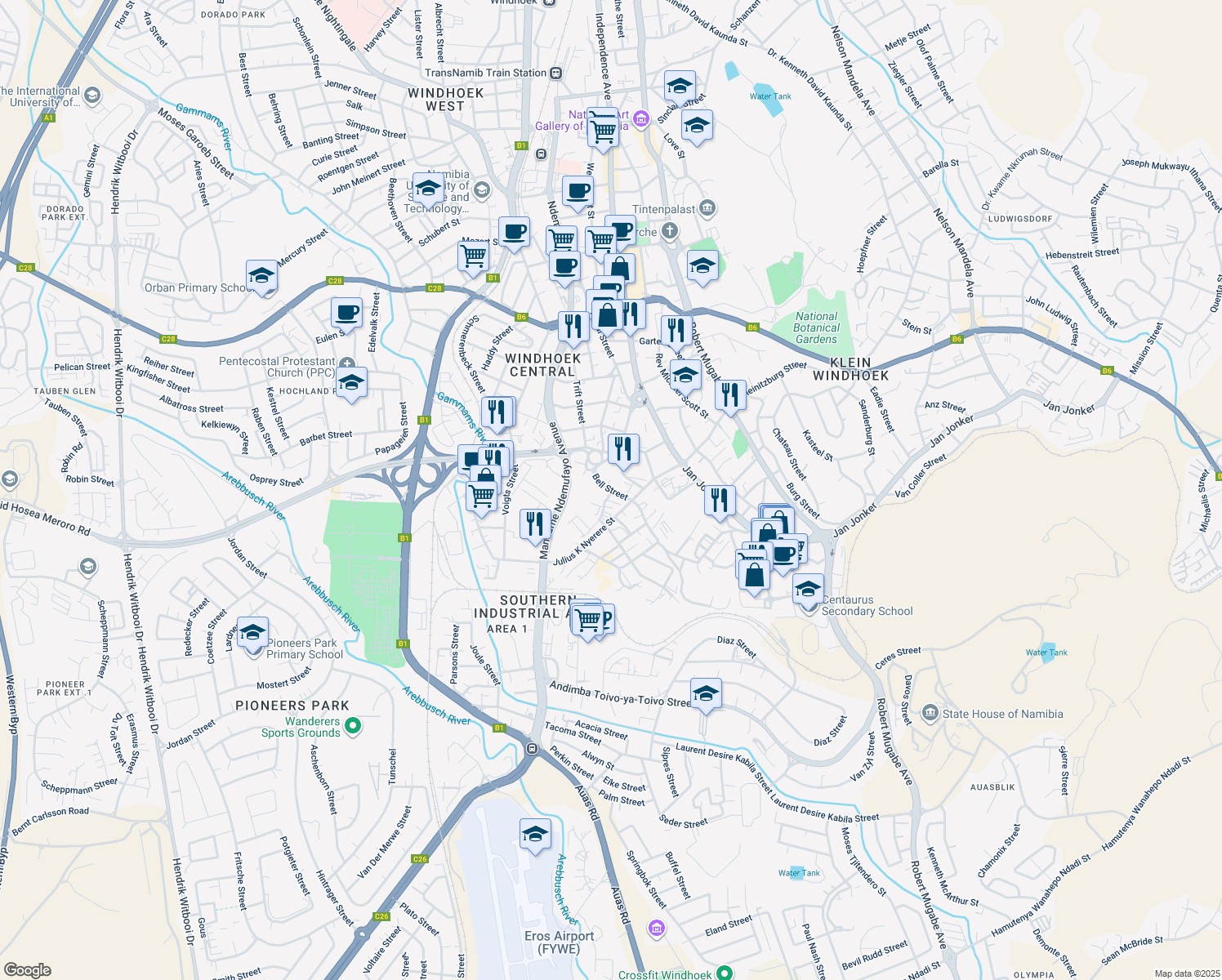 map of restaurants, bars, coffee shops, grocery stores, and more near Bell Street in Windhoek