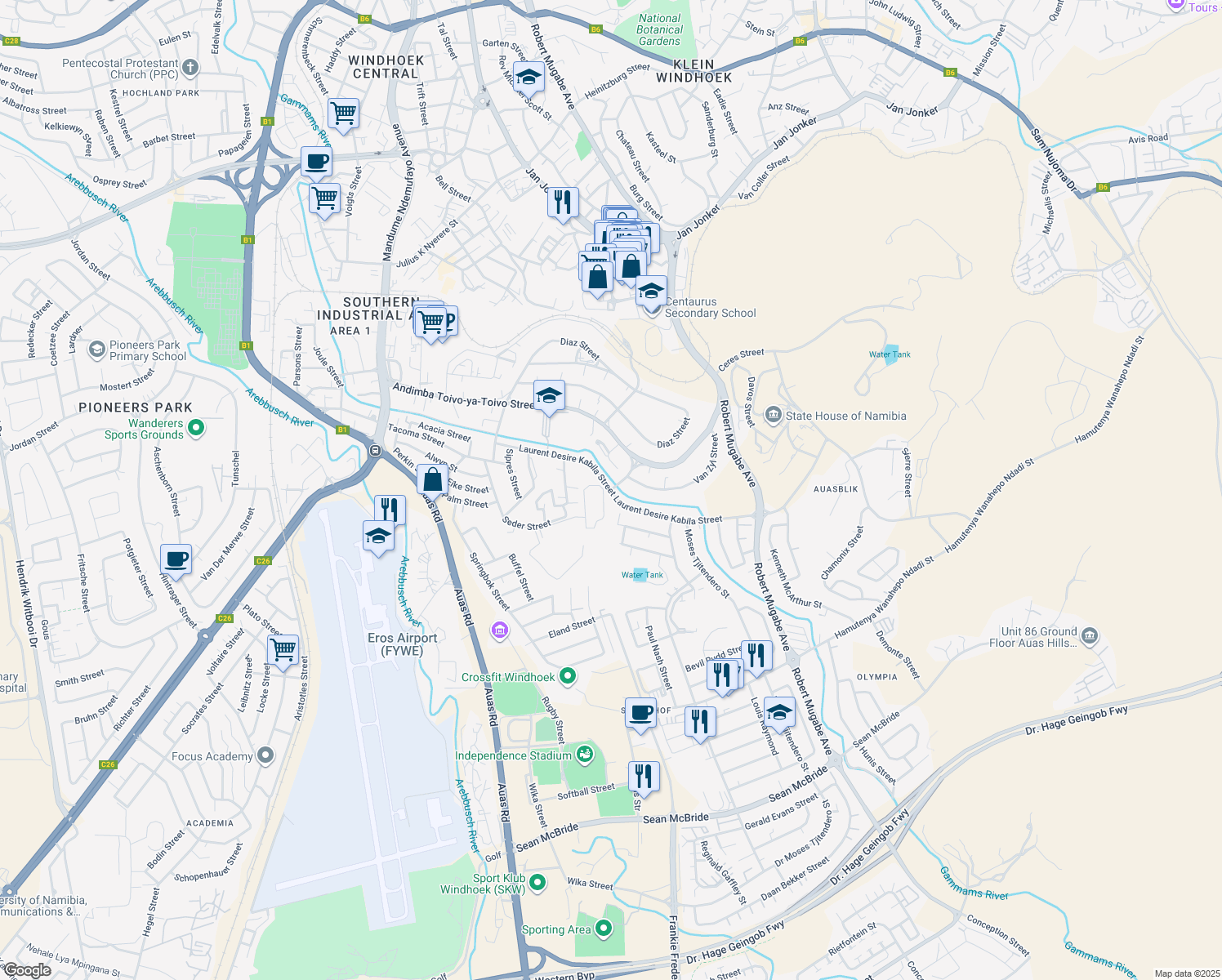 map of restaurants, bars, coffee shops, grocery stores, and more near Laurent Desire Kabila Street in Windhoek