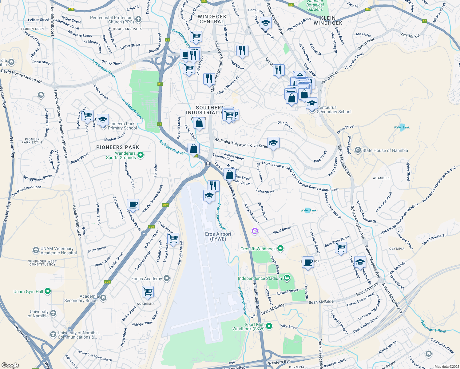 map of restaurants, bars, coffee shops, grocery stores, and more near Mandume Ndemufayo Avenue in Windhoek