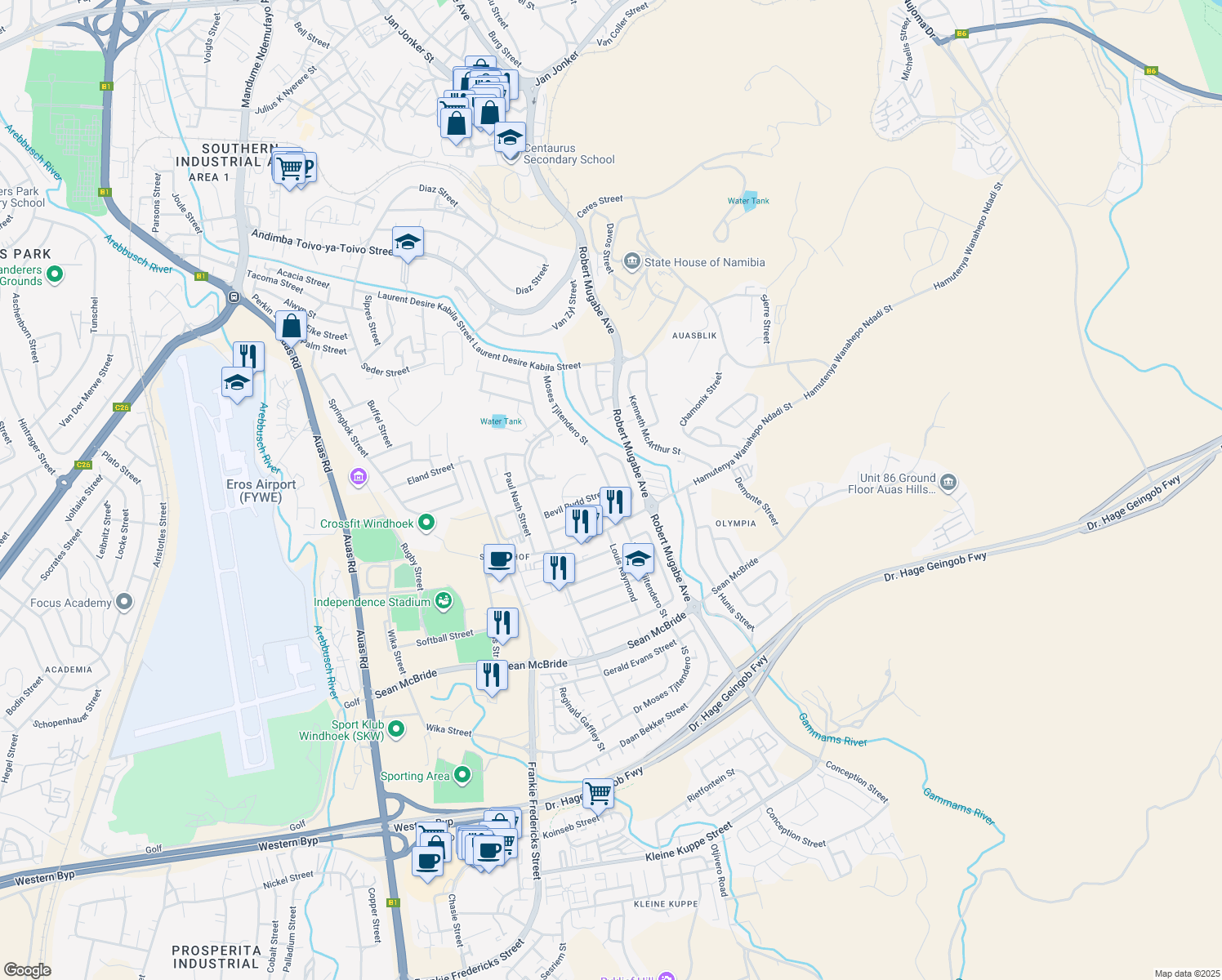 map of restaurants, bars, coffee shops, grocery stores, and more near Moses Tjitendero Street in Windhoek