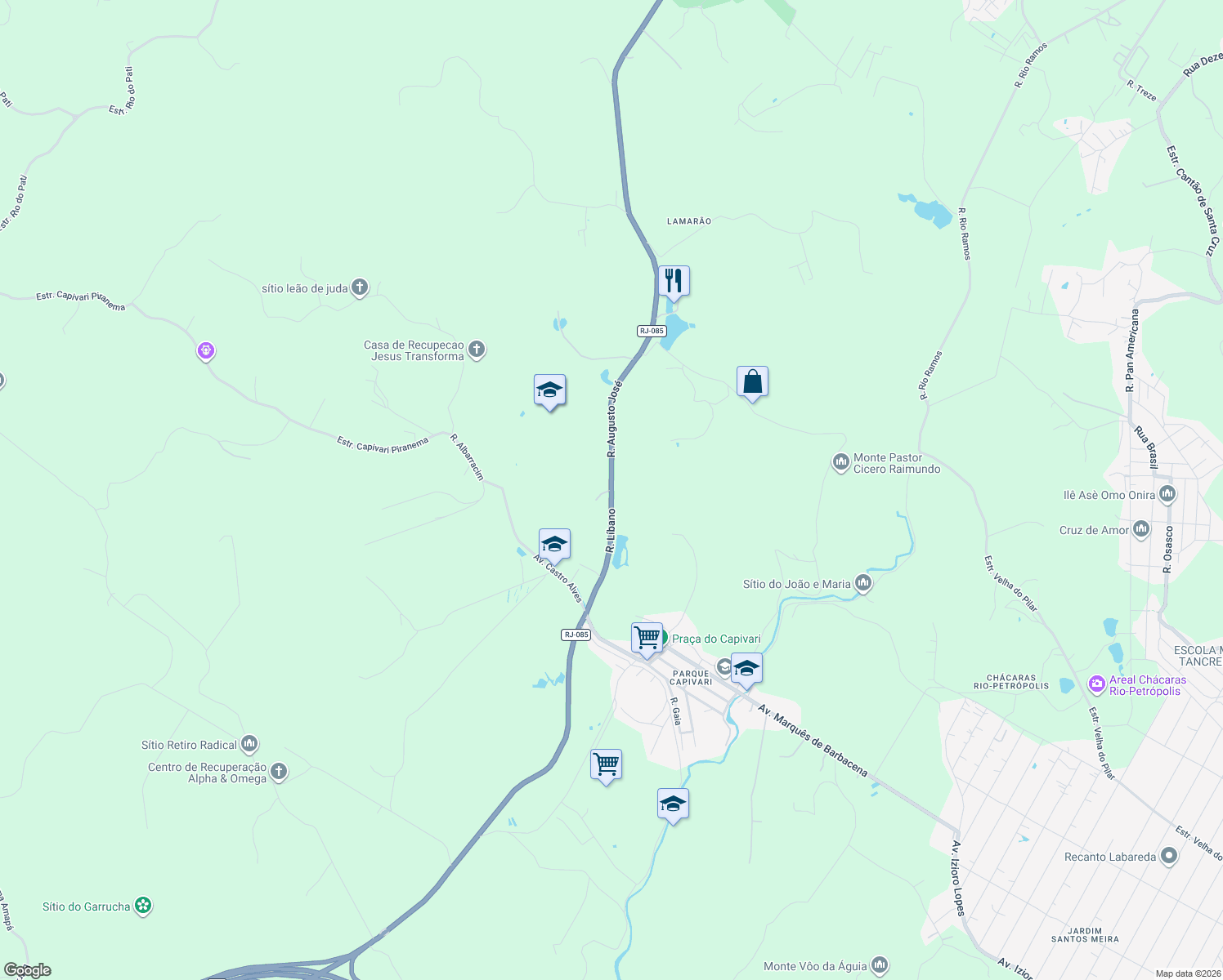 map of restaurants, bars, coffee shops, grocery stores, and more near Estrada Rio D'ouro in Duque de Caxias