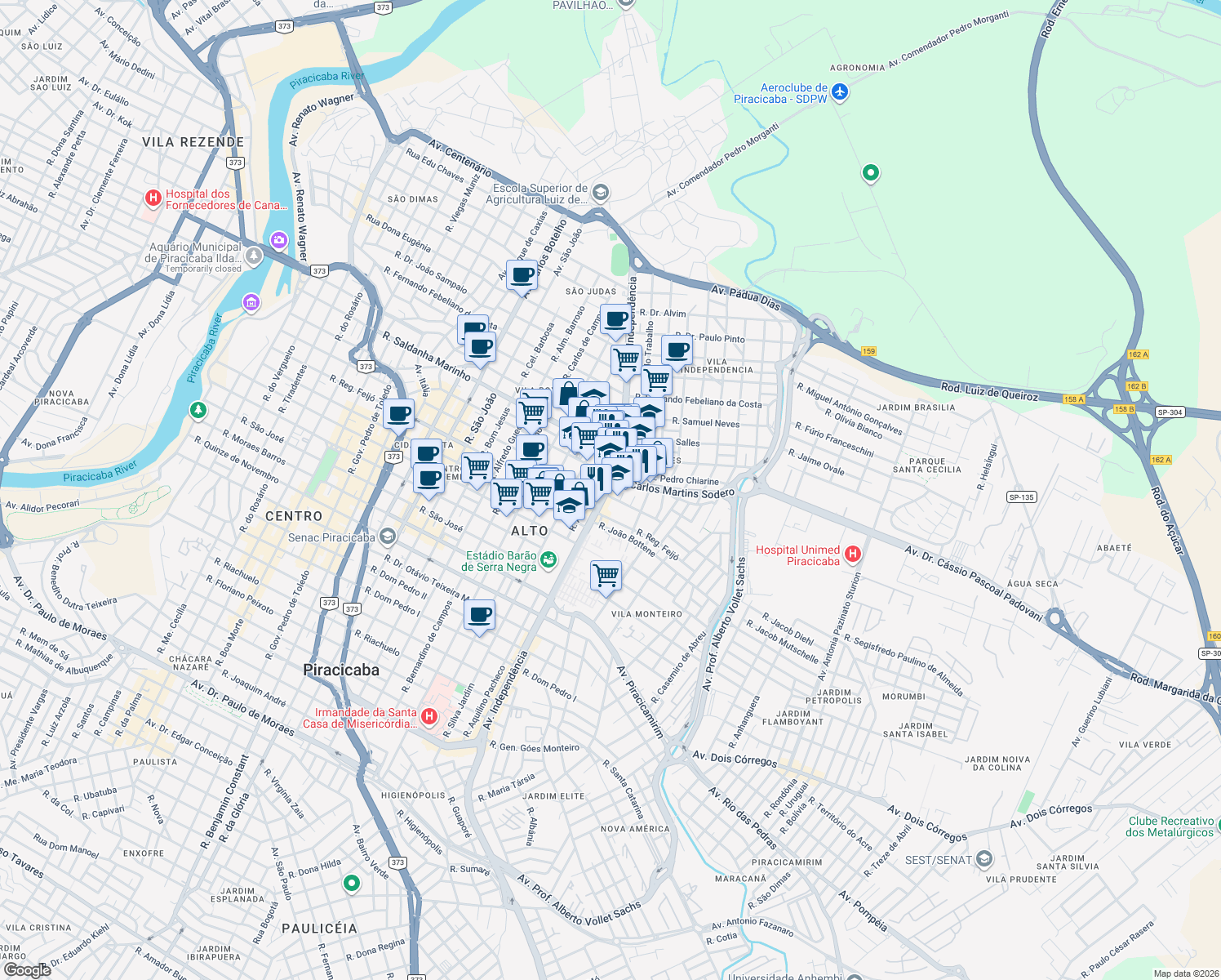 map of restaurants, bars, coffee shops, grocery stores, and more near 2732 Avenida Independência in Piracicaba