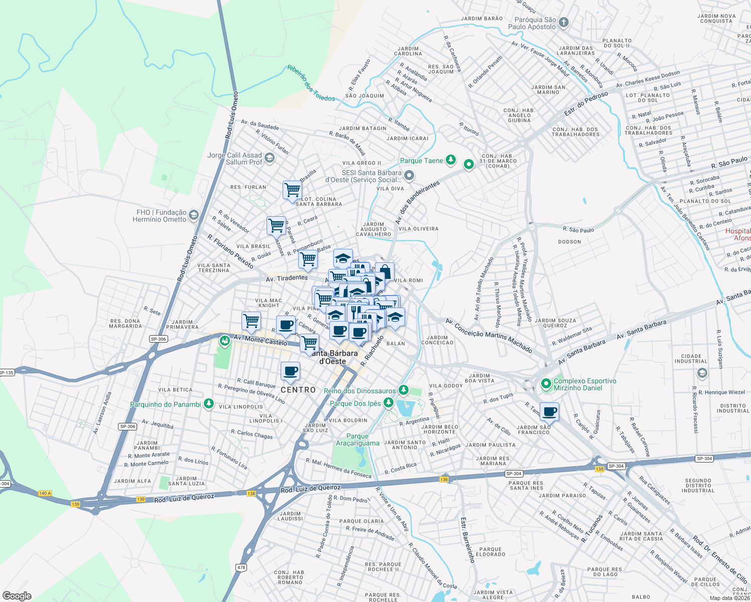 map of restaurants, bars, coffee shops, grocery stores, and more near 215 Rua Dona Margarida in Santa Bárbara d'Oeste
