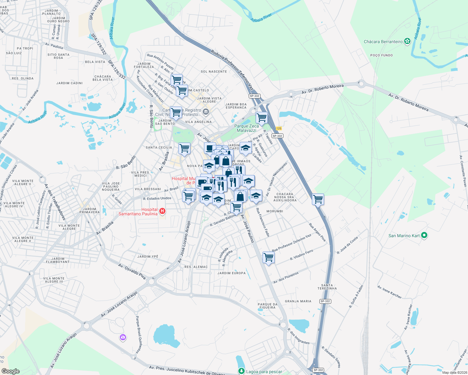 map of restaurants, bars, coffee shops, grocery stores, and more near 3 Avenida José Paulino in Paulínia