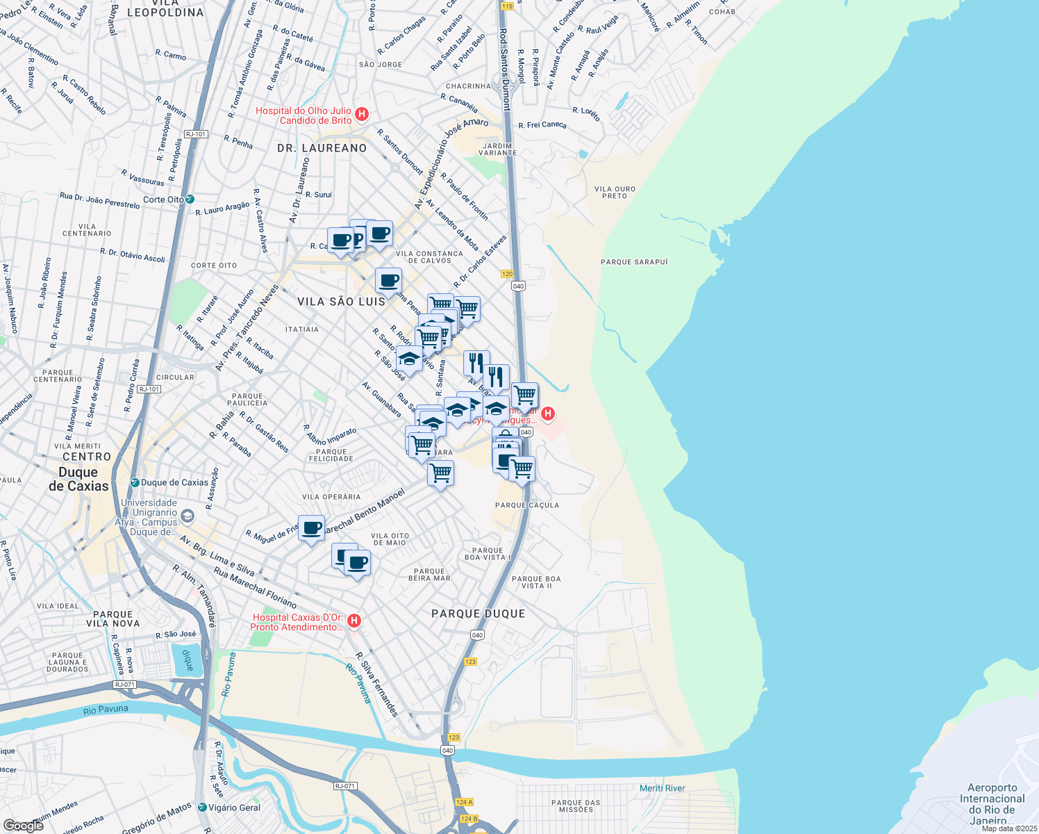 map of restaurants, bars, coffee shops, grocery stores, and more near 118 Rodovia Washington Luiz in Duque de Caxias