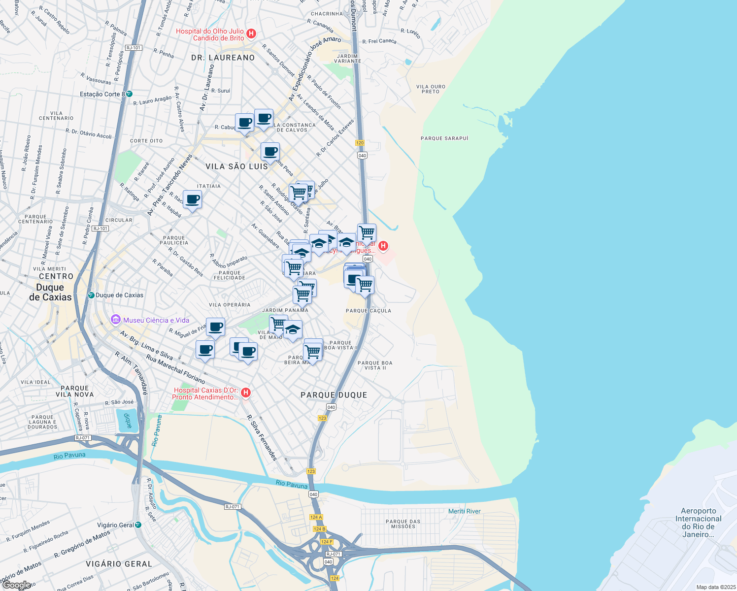 map of restaurants, bars, coffee shops, grocery stores, and more near 118 Rodovia Washington Luiz in Duque de Caxias