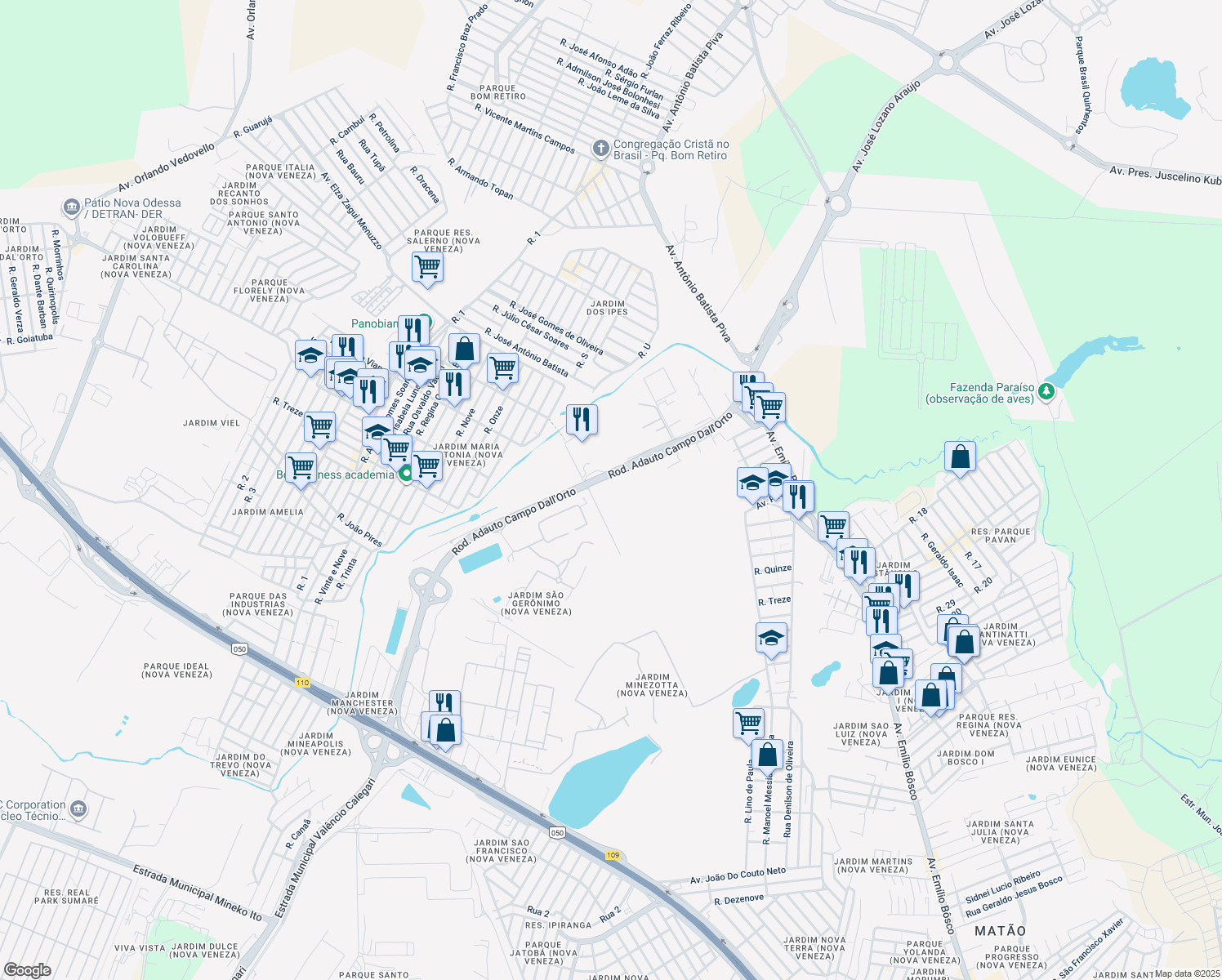 map of restaurants, bars, coffee shops, grocery stores, and more near 1 Rodovia Adauto Campo Dall'Orto in Sumaré