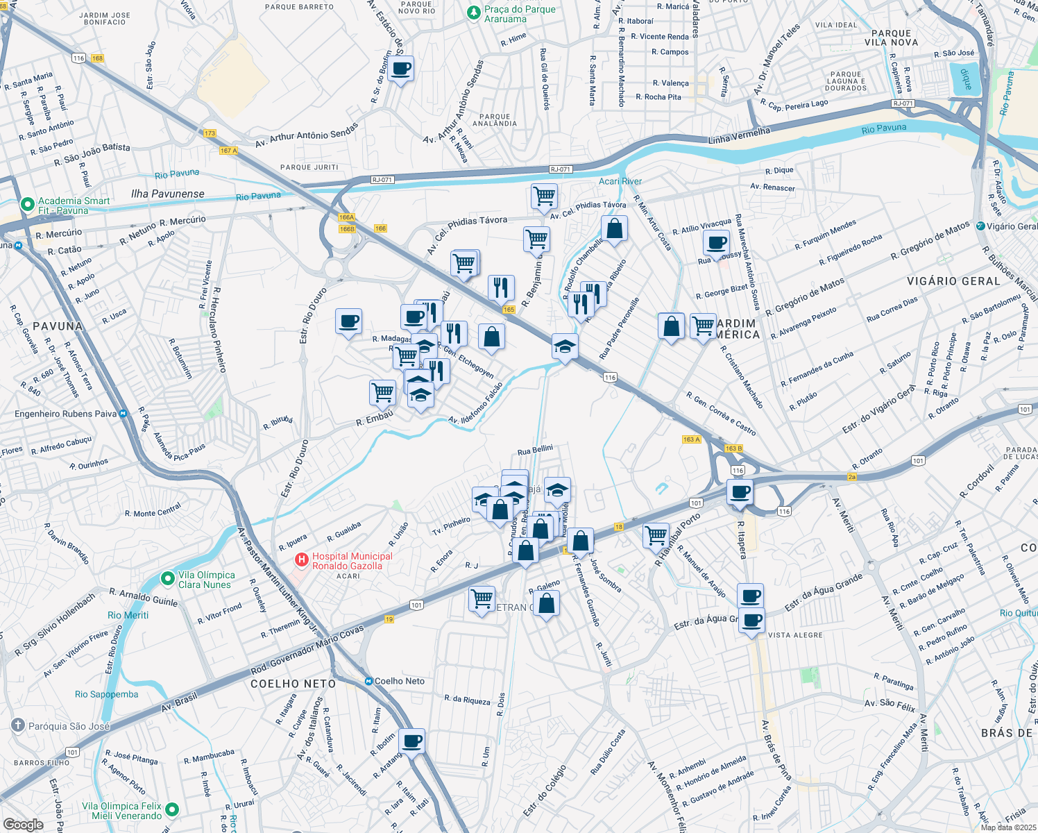 map of restaurants, bars, coffee shops, grocery stores, and more near 675 Avenida Tenente Rebelo in Rio de Janeiro