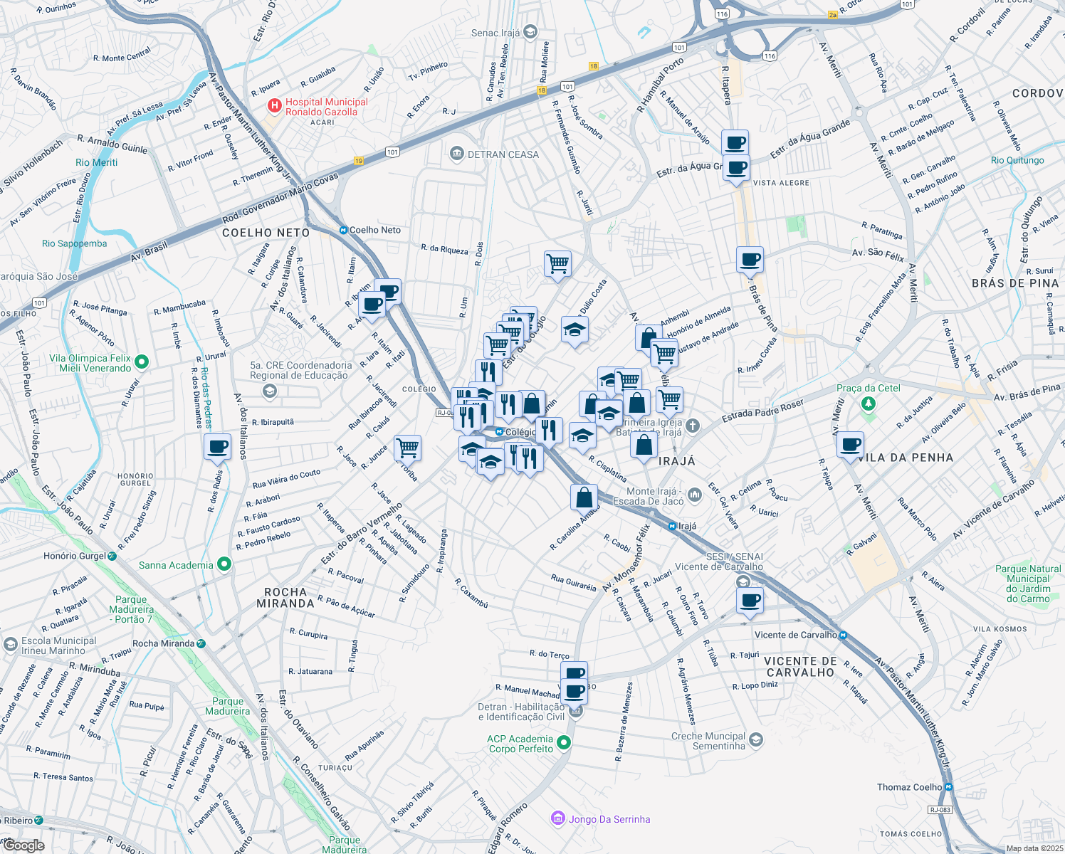 map of restaurants, bars, coffee shops, grocery stores, and more near 126 Avenida Pastor Martin Luther King Junior in Rio de Janeiro
