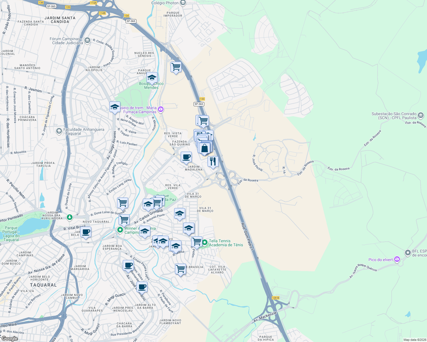 map of restaurants, bars, coffee shops, grocery stores, and more near 1701 Avenida Carlos Grimaldi in Campinas