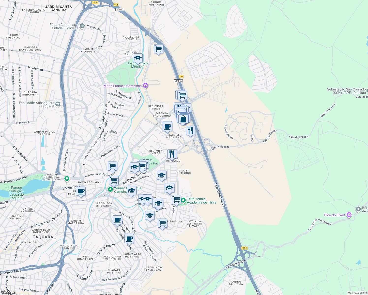 map of restaurants, bars, coffee shops, grocery stores, and more near 1701 Avenida Carlos Grimaldi in Campinas